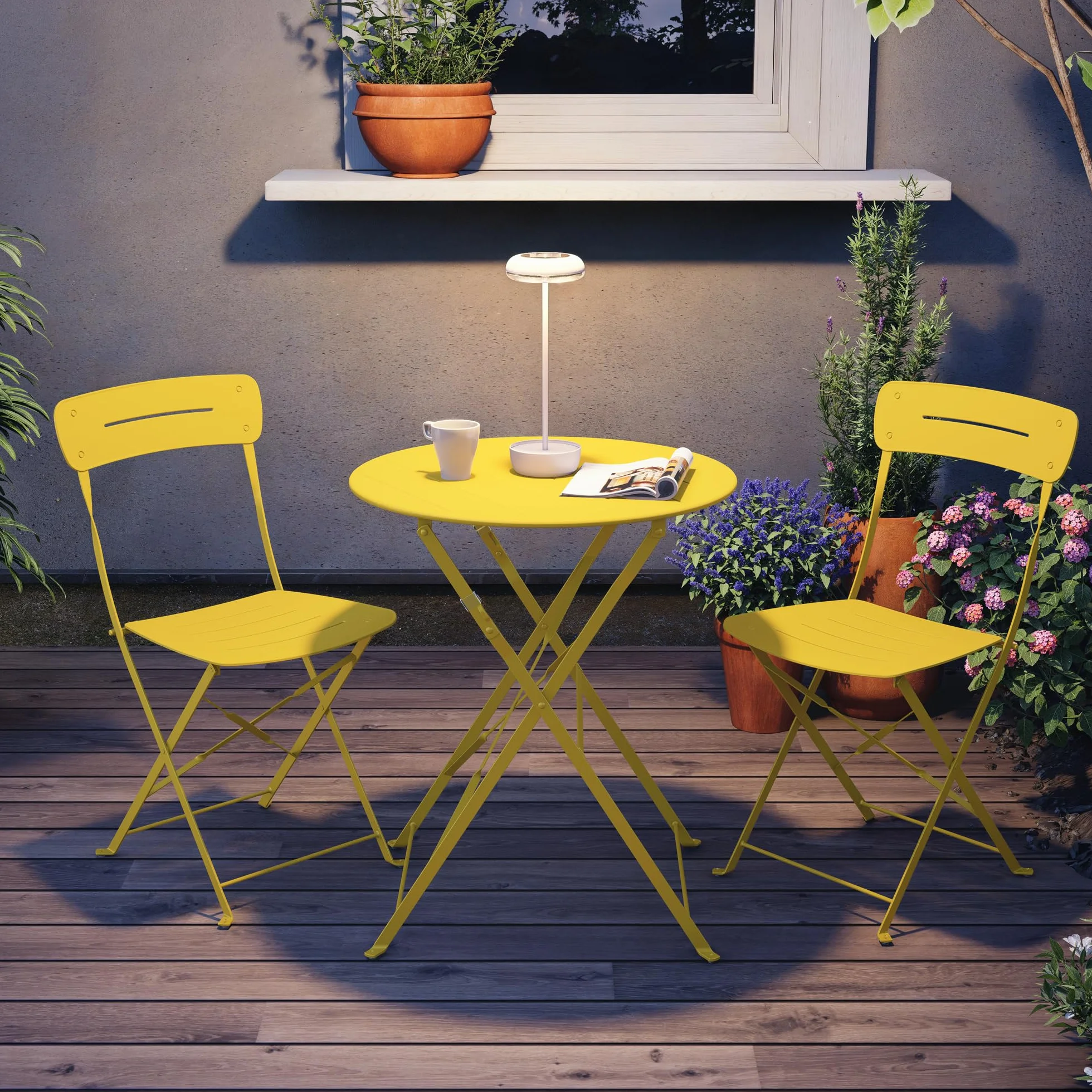 Juego de mesa de bistró con 2 sillas, muebles de terraza resistente a la intemperie, 3 piezas (amarillo)