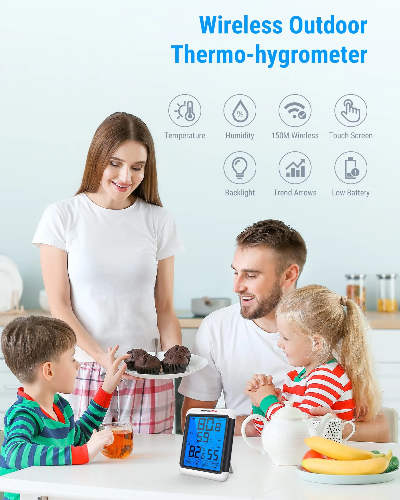 ThermoPro TP65 Termómetro Higrómetro Digital Interior Exterior Inalámbrico Pantalla Táctil Retroiluminación
