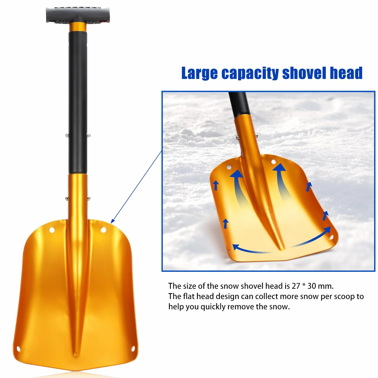 Pala de nieve plegable 4 en 1 de aluminio, 40 x 30 cm, desmontable con bolsa para emergencias