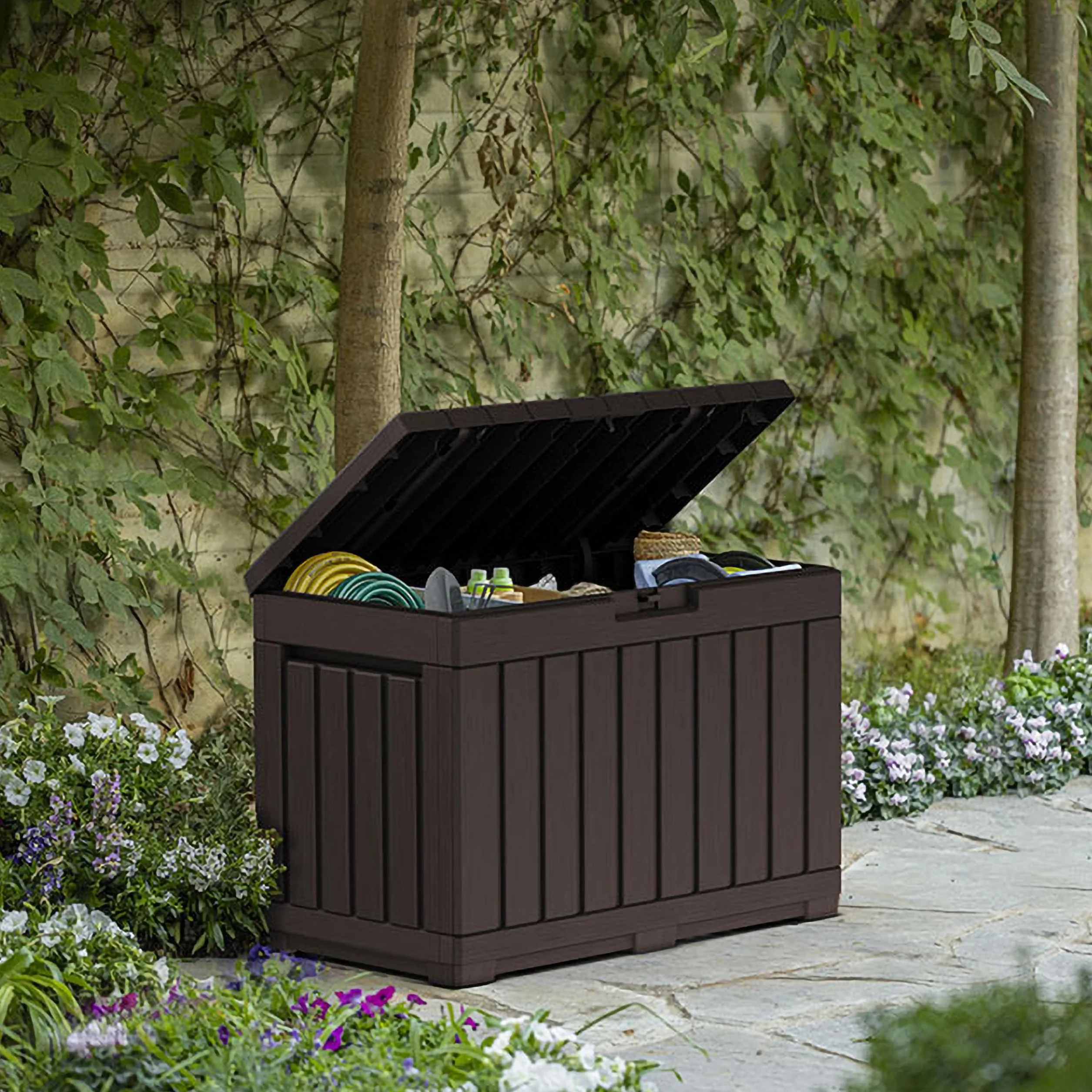 Keter KENTWOOD Baúl de jardín 190 l marrón resistente intemperie efecto madera asiento UV cerradura