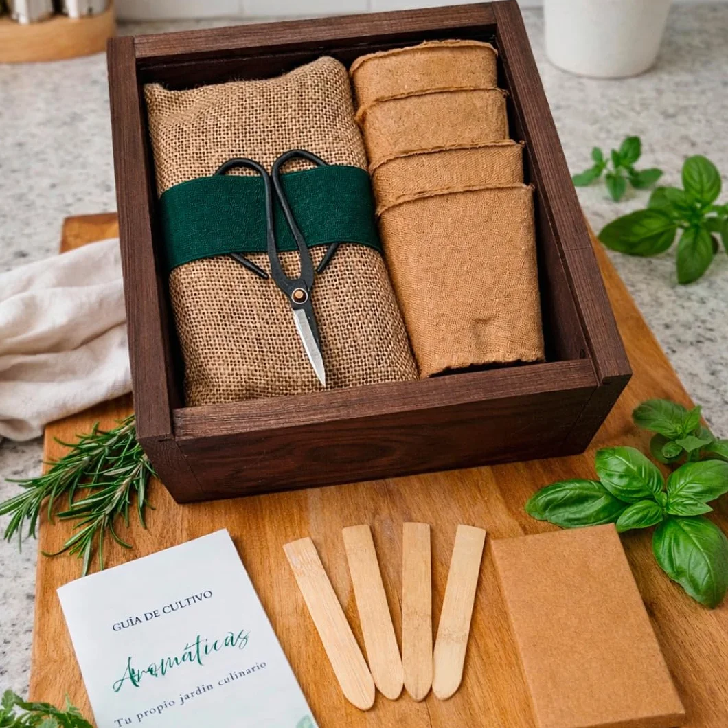 Kit Cultivo Hierbas Aromáticas Caja Botánica Madera Semillas Macetas Accesorios Huerto Urbano Interior Cocina Garden Pocket