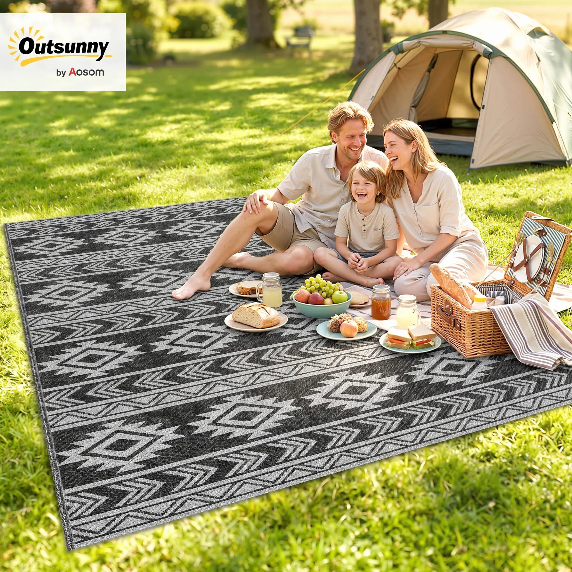 Outsunny Alfombra de Exterior 182x274 cm Reversible Impermeable Anti-UV Terraza Balcón Patio Negro Gris Claro