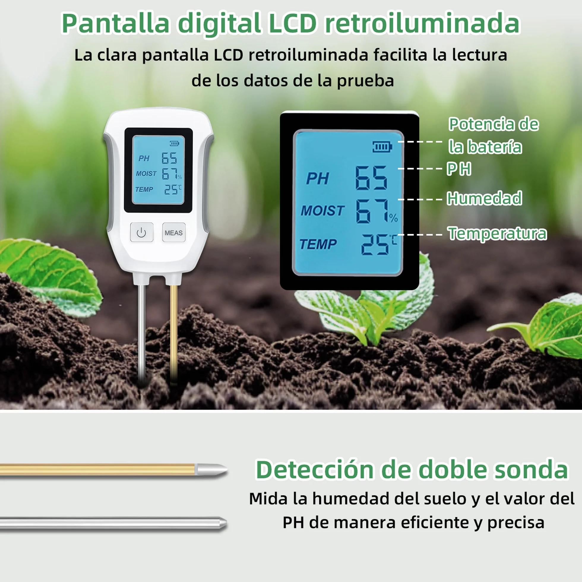 Mcbazel Medidor de Prueba de Suelo 3 en 1, Detección de pH, Temperatura, Humedad con Pantalla LCD Retroiluminada