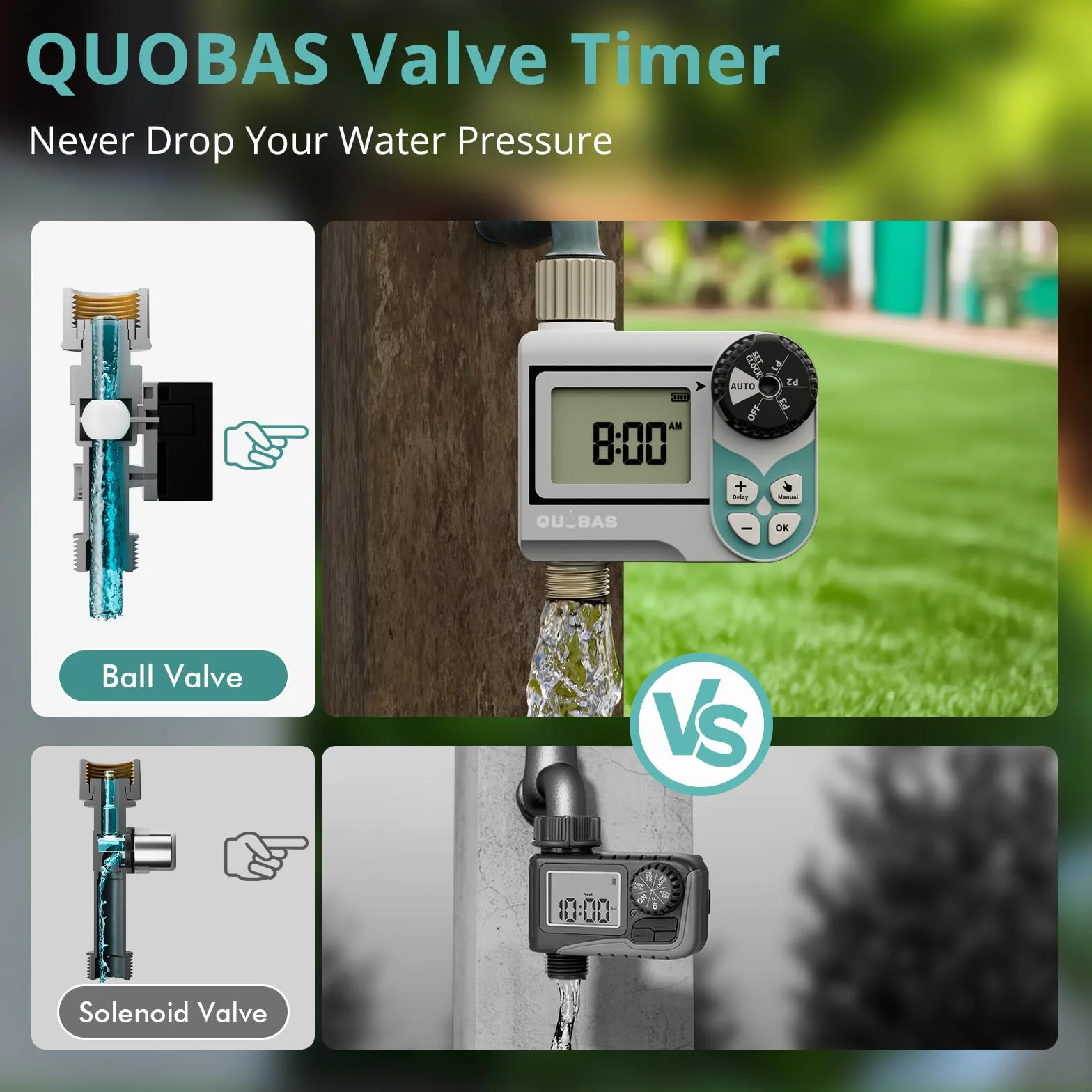QUOBAS Temporizador de agua de baja presión, temporizador semanal programable con entrada y salida de latón para barril de lluvia, manguera de jardín, con válvula de bola y pantalla impermeable