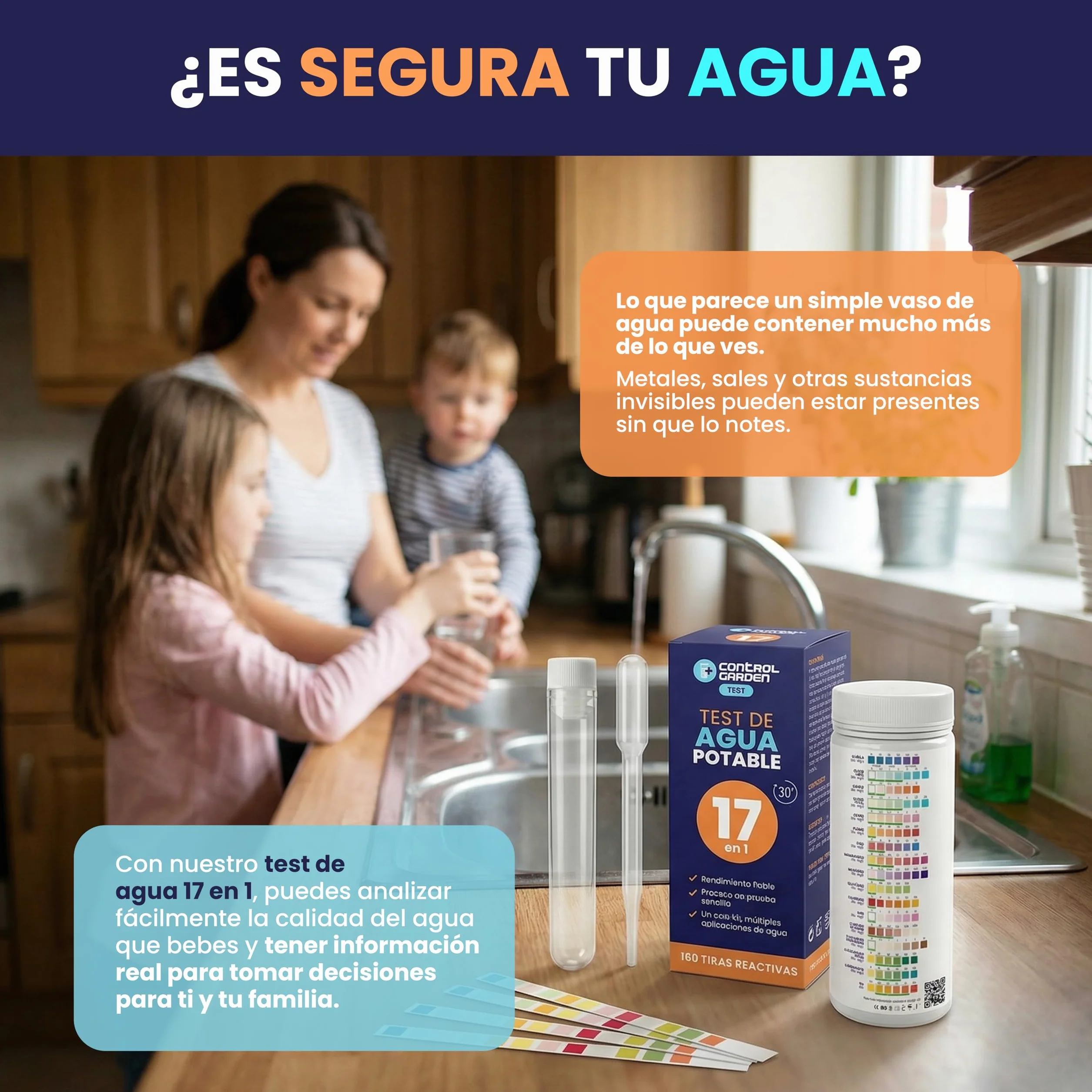 Test Agua Potable 17 en 1 160 Tiras Reactivas pH Dureza Cloro Metales Pesados Kit Profesional