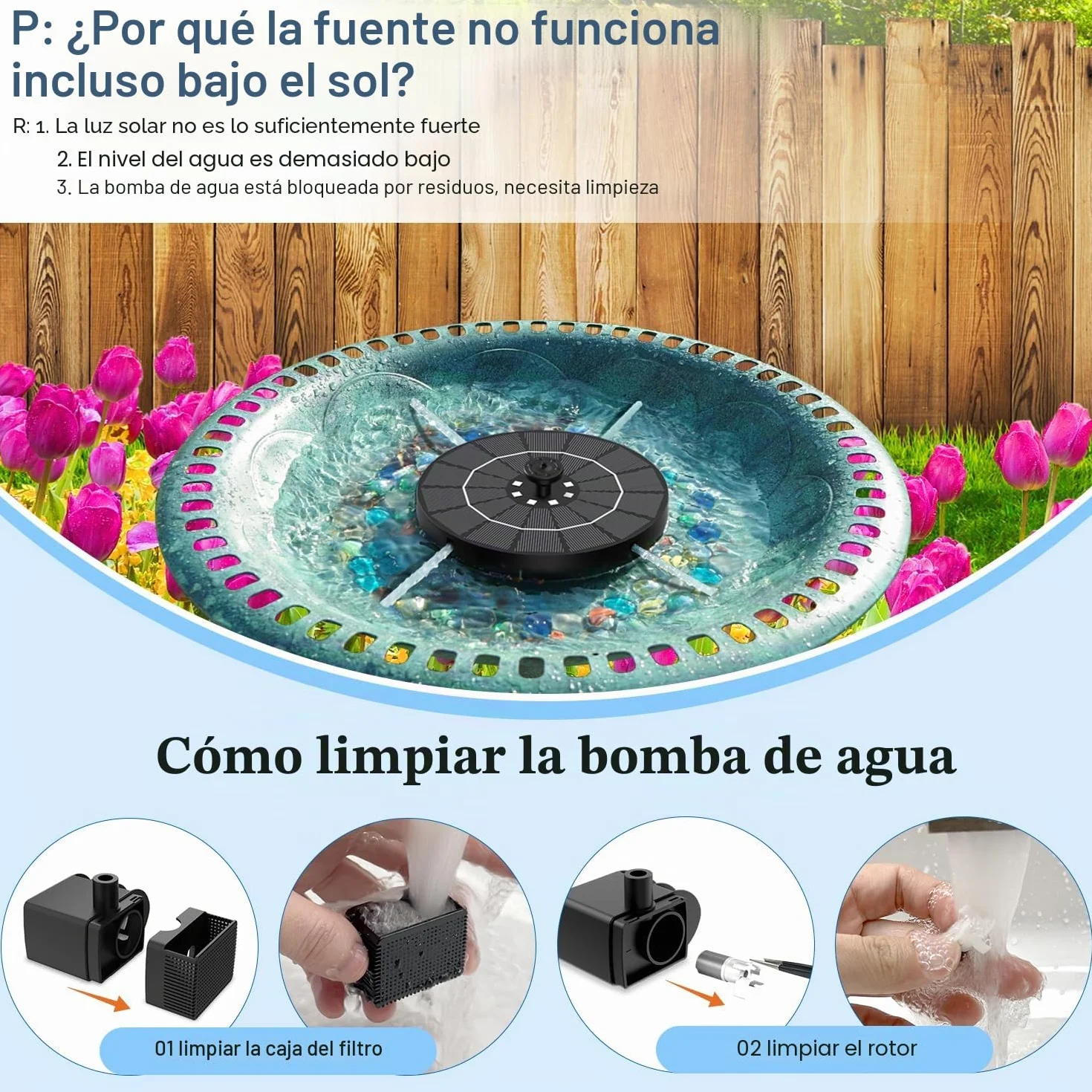 SZMP Fuente Solar - 3.5W 2026 Nuevo Bomba Solar para Estanque Exterior Solares para Jardin, 2200mAh Baterías con 8 Leds Colorido y 8 Boquillas, para Estanque de Jardín Fuente, Baño para Pájaros