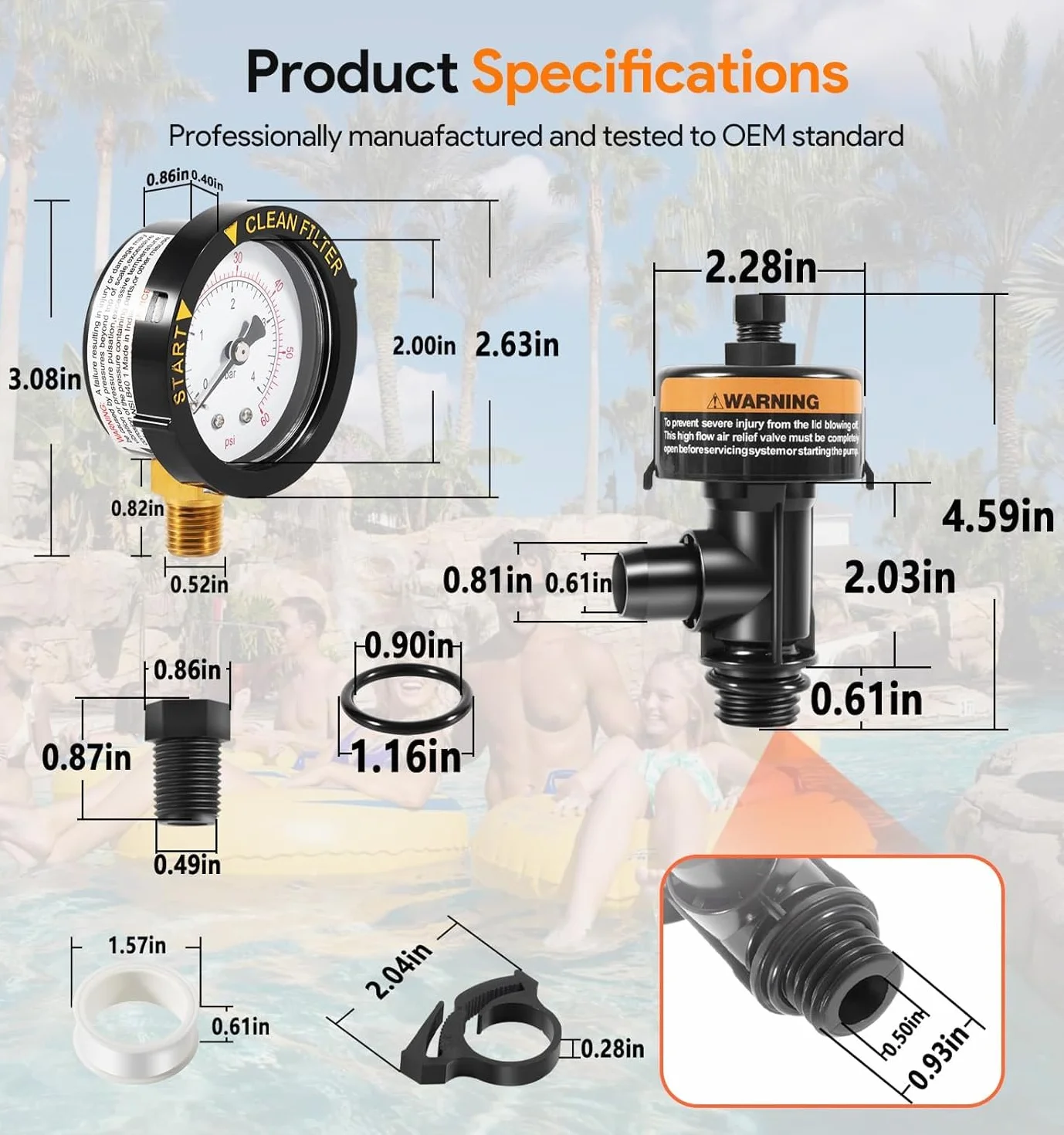 Válvula de purga de aire con manómetro para filtro de piscina compatible con 98209800 y 190058 Clean & Clear Warrior FNS Predator