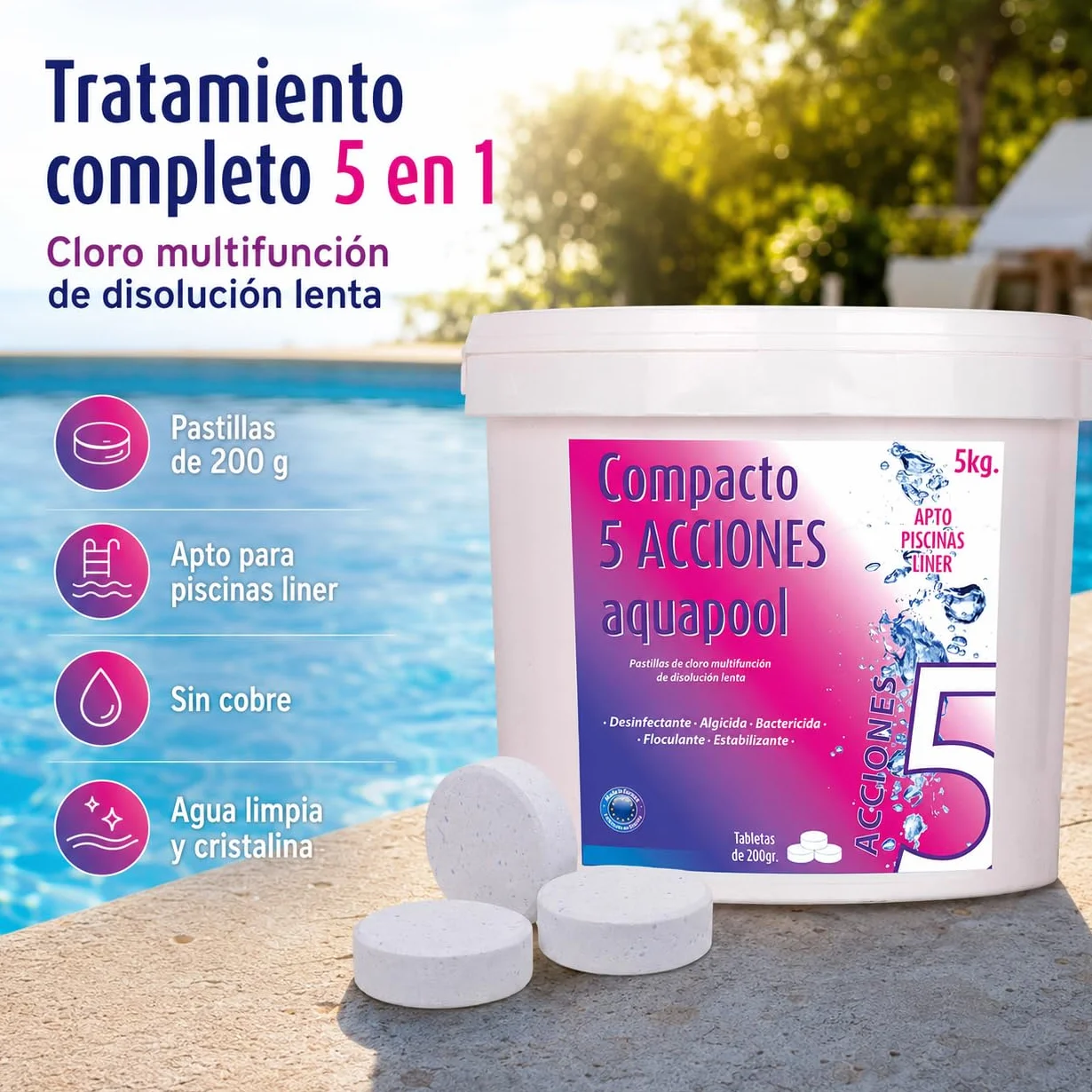 Compacto 5 ACCIONES AQUAPOOL Pastillas de Cloro multifunción 5 KG Disolución Lenta Piscinas Liner