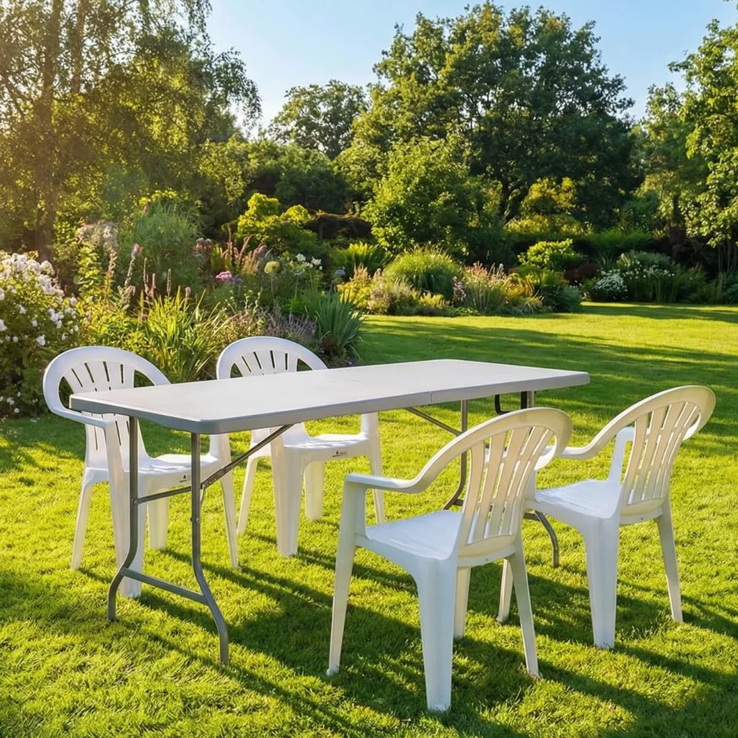 Conjunto Mesa Plegable y Sillas Terraza, Pack 4 Sillas PVC con Reposabrazos y Mesa Plegable Rectangular Tipo Maleta 180x76 cm, para Exterior, Camping, Comedor Auxiliar y Hostelería