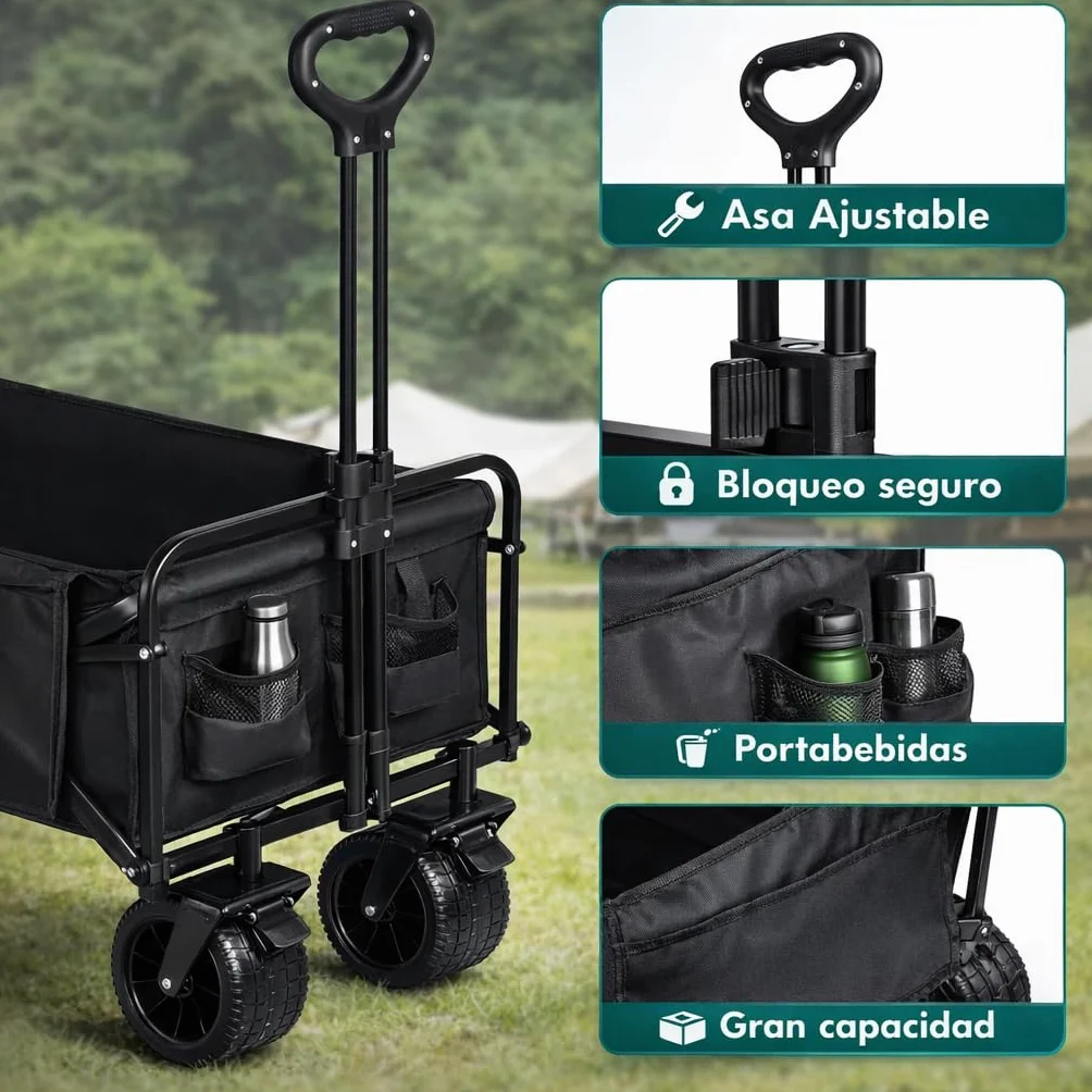 Carro de Mano Plegable con Ruedas Grandes Todoterreno 150kg Asa Ajustable Multiusos