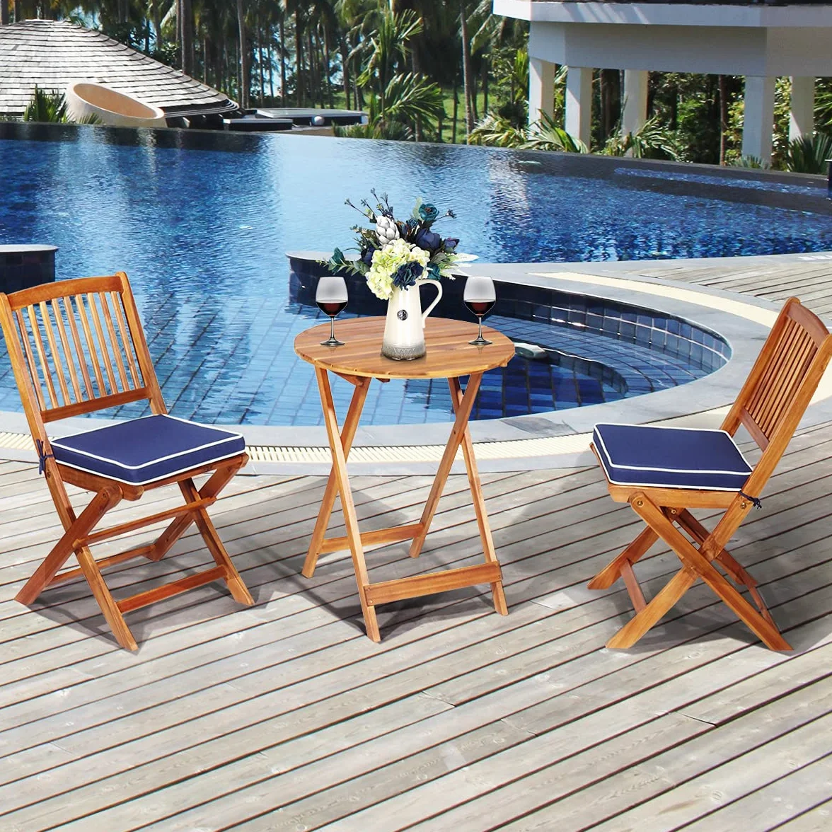COSTWAY Juego de Mesa y 2 Sillas para Jardín Mueble de Madera Mesa Redonda Plegable Azul