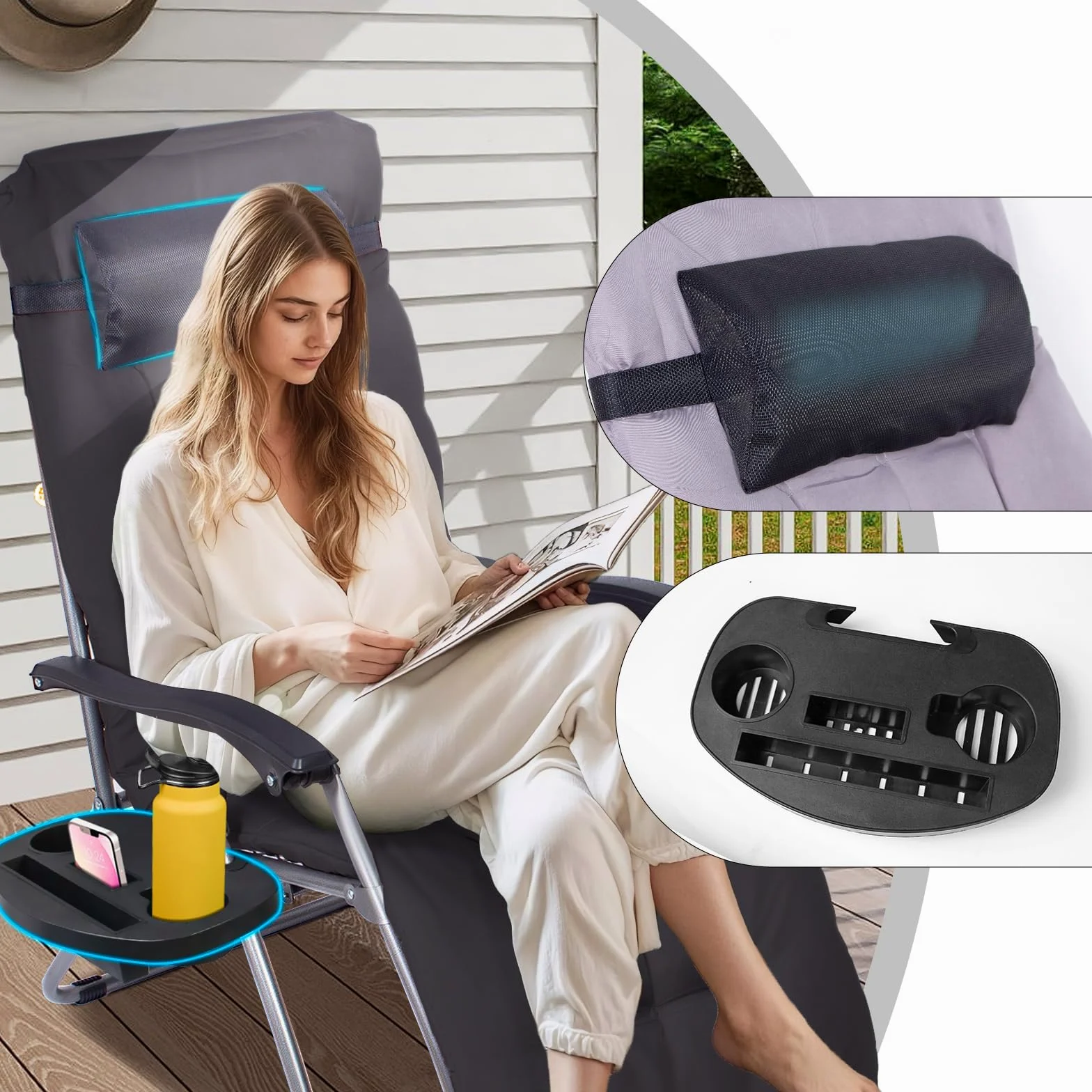 Todeco Tumbona Plegable Jardín, 2 en 1 Silla Gravedad Cero Reclinable | Cojín Extraíble, Portavasos Respaldo Ajustable, para Patio, Camping, Terraza y Piscina, Negro