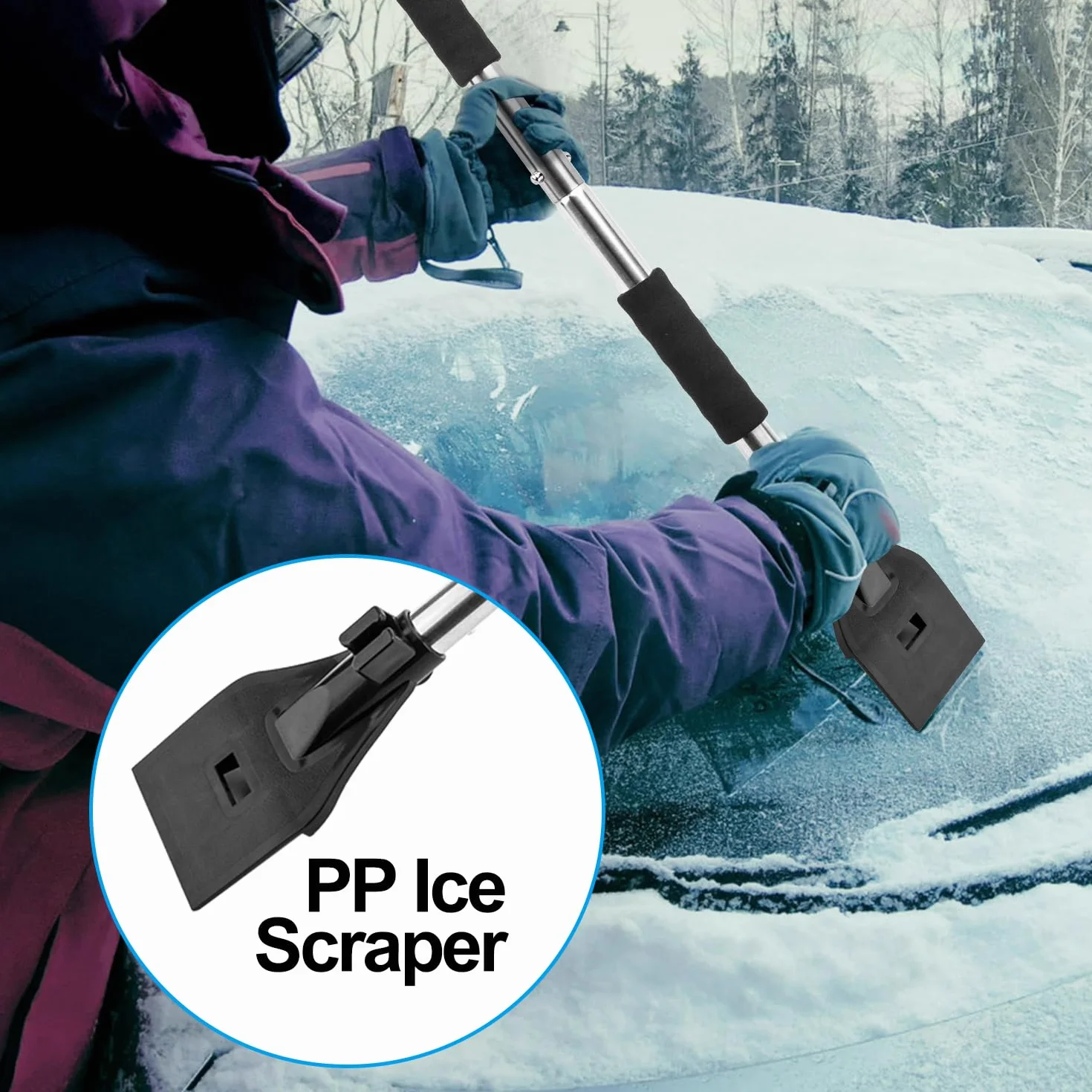 LESOLEIL 3 en 1 Pala de Nieve Plegable con Raspador de Hielo y Cepillo de Nieve, Mango de Acero Inoxidable, Negro