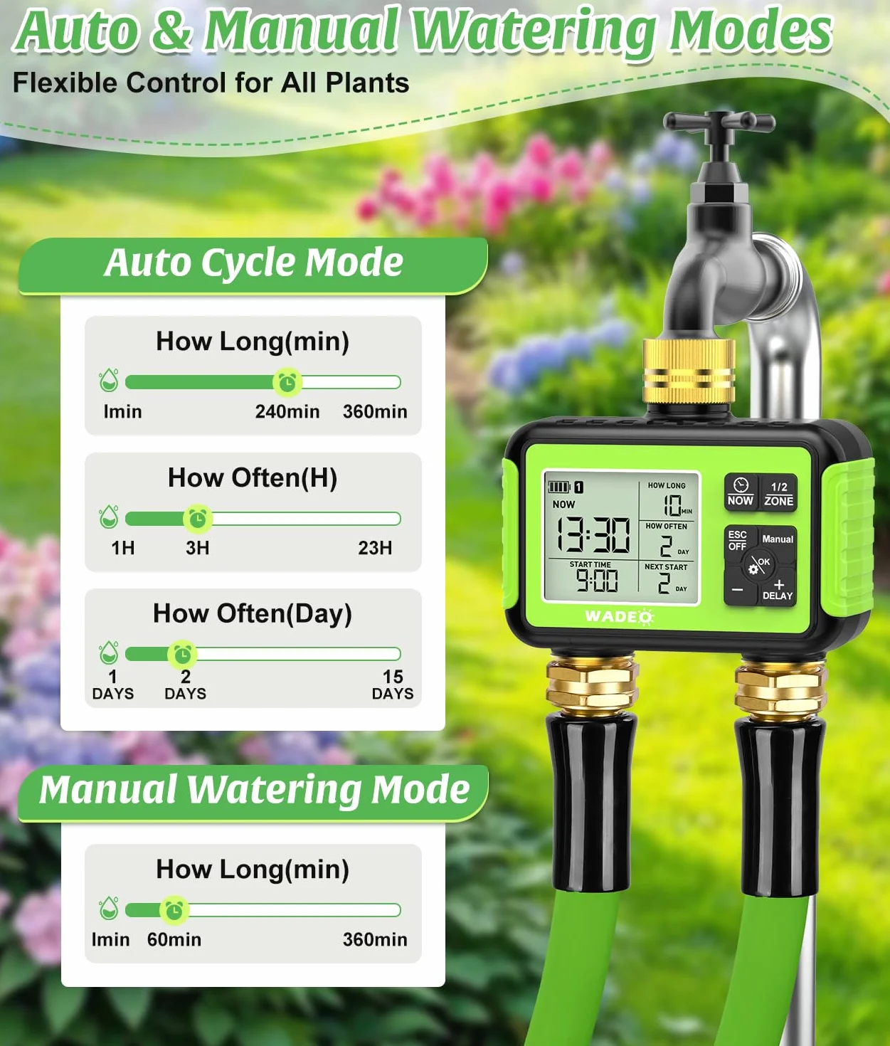 WADEO Programador de riego 2 Salidas, latón, Pantalla LCD, Temporizador de Agua automático/Manual/retardo por Lluvia