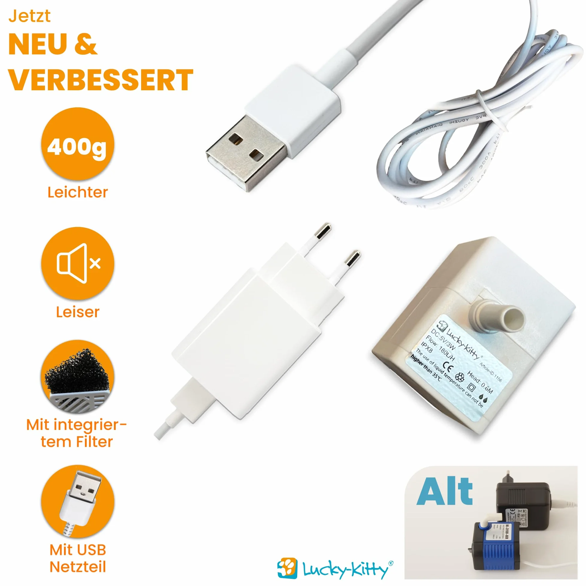 Lucky-Kitty Microbomba USB para fuente de gato, bajo ruido, ahorro de energía