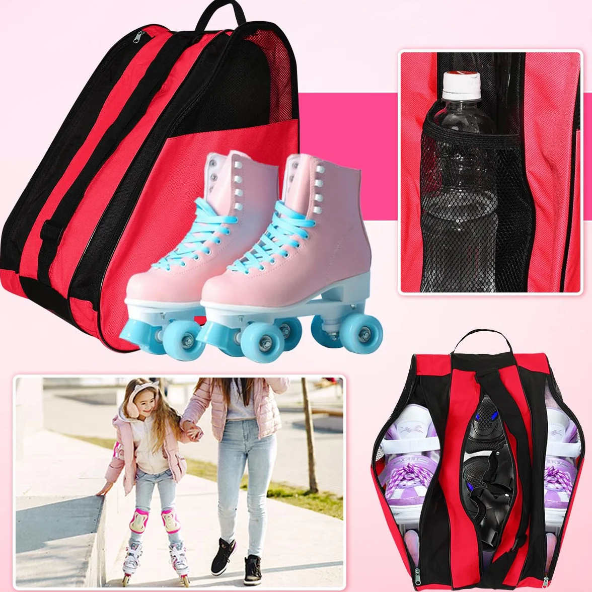 Bolsa para Patines En Linea Infantil Mochila 3 Compartimentos con Casco y Protecciones