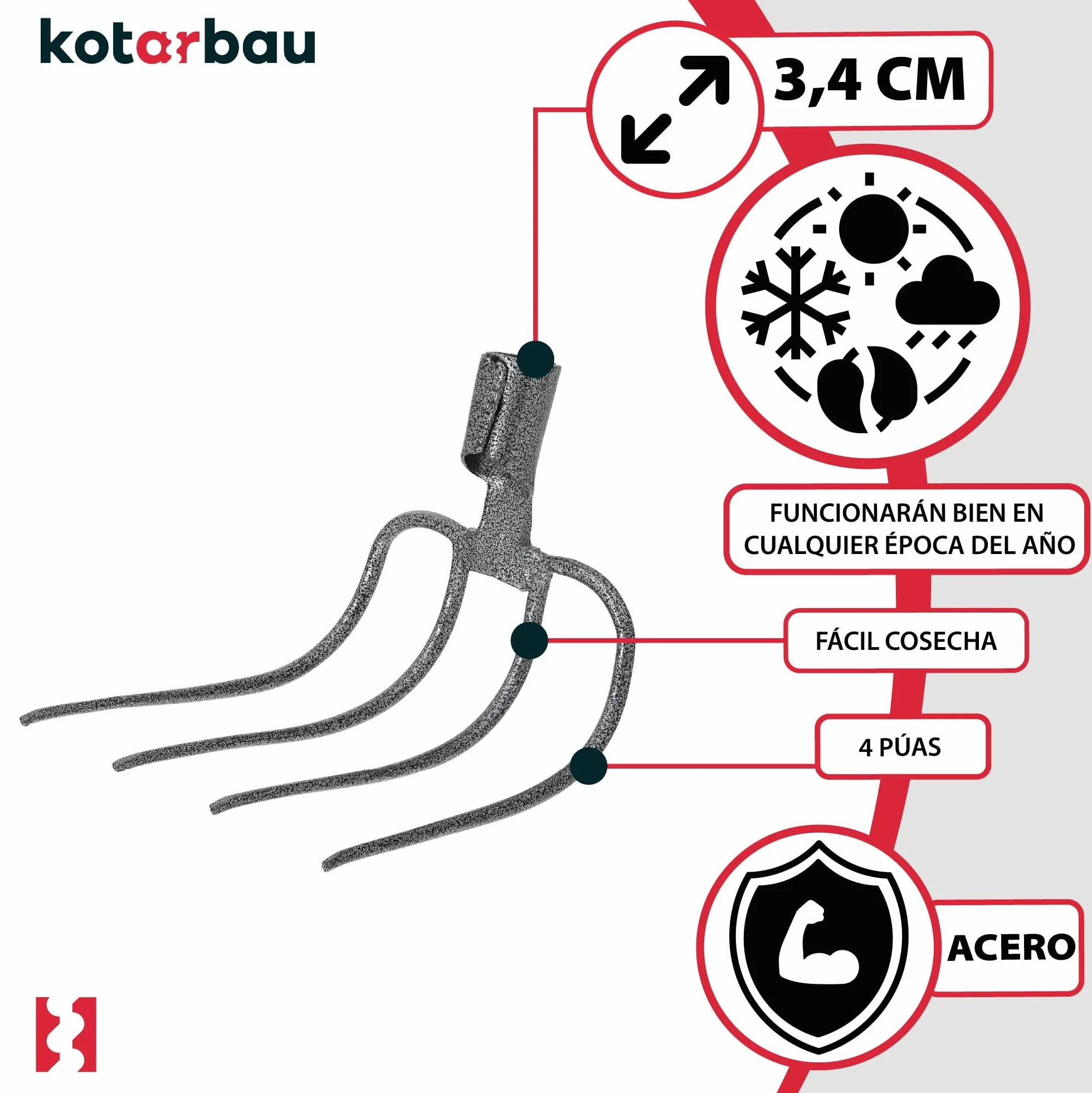 KOTARBAU Horca Curva de 4 Dientes Agrícola para Jardín y Establo