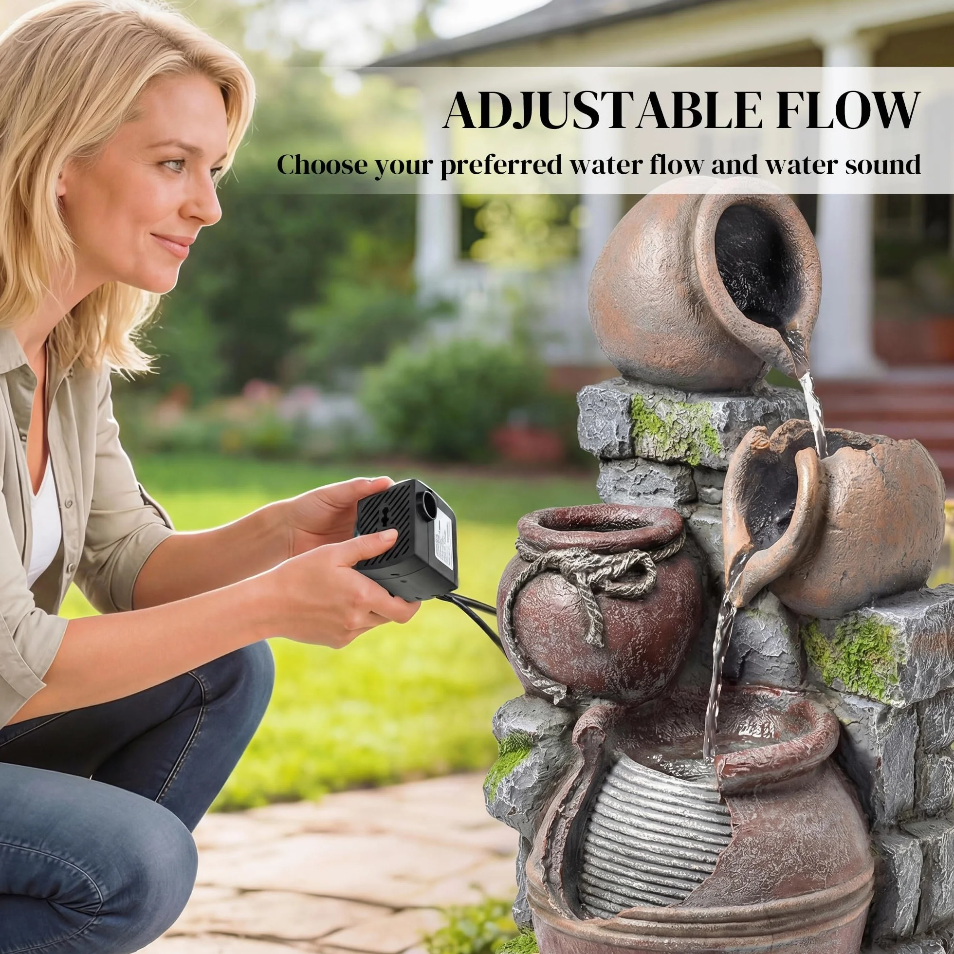 Fuente exterior Outsunny con macetas y jardineras rústicas de 4 niveles, cascada, fuente de jardín con luces LED, caudal ajustable, fuente de jardín para patio, terraza, marrón rústico.