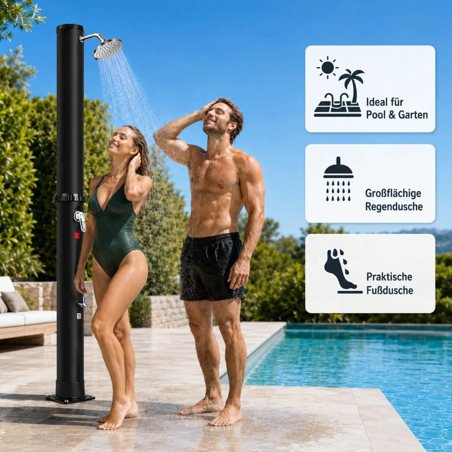 Ducha Solar Exterior 35 litros, Ducha Piscina Jardín 360° Cabezal Grifo, Regulación Temperatura Presión
