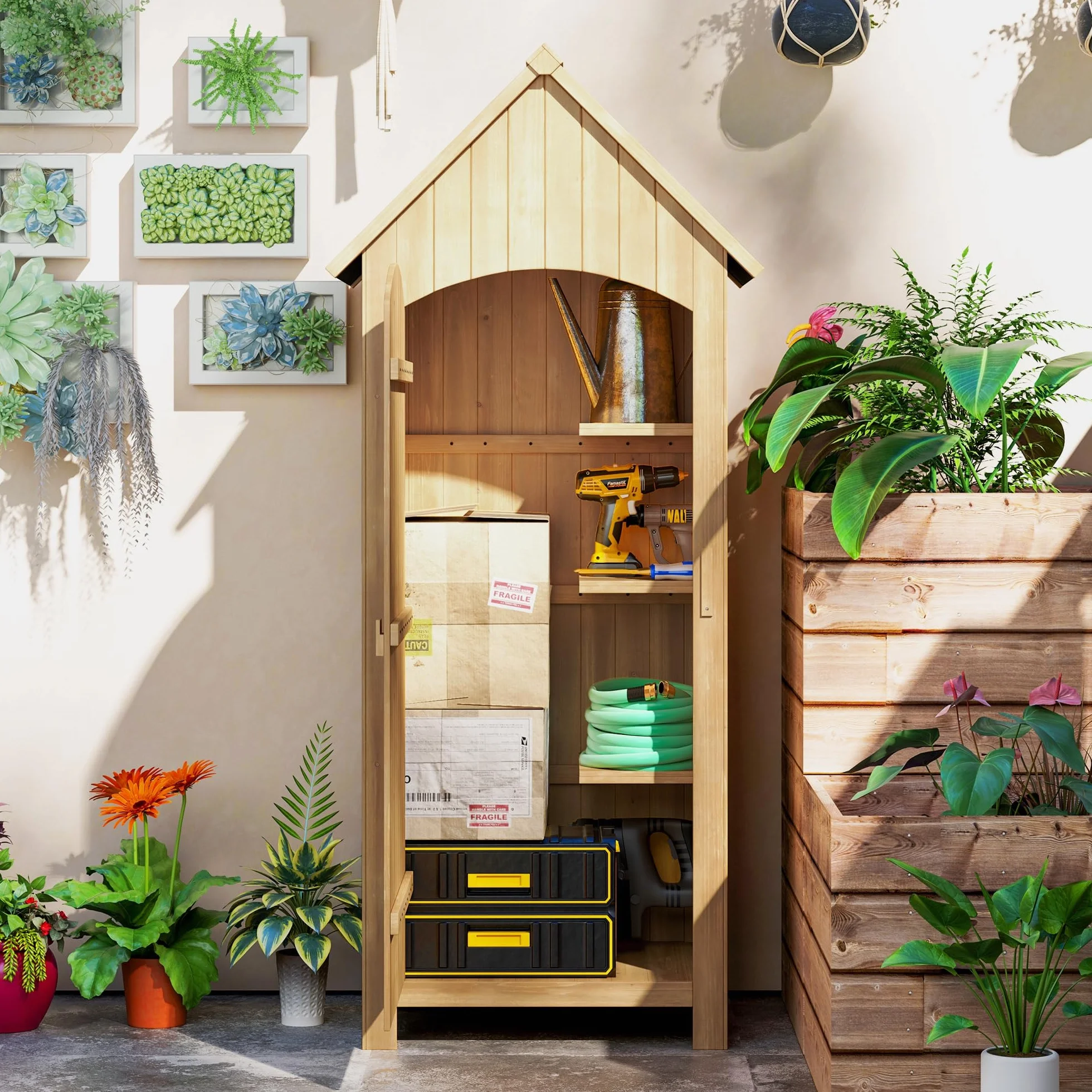 Outsunny Caseta Jardín Exterior Madera 77,5x54,2x179,5 cm 0,3 m² Cobertizo Almacenaje Herramientas 3 Estantes 2 Puertas Cerrojo