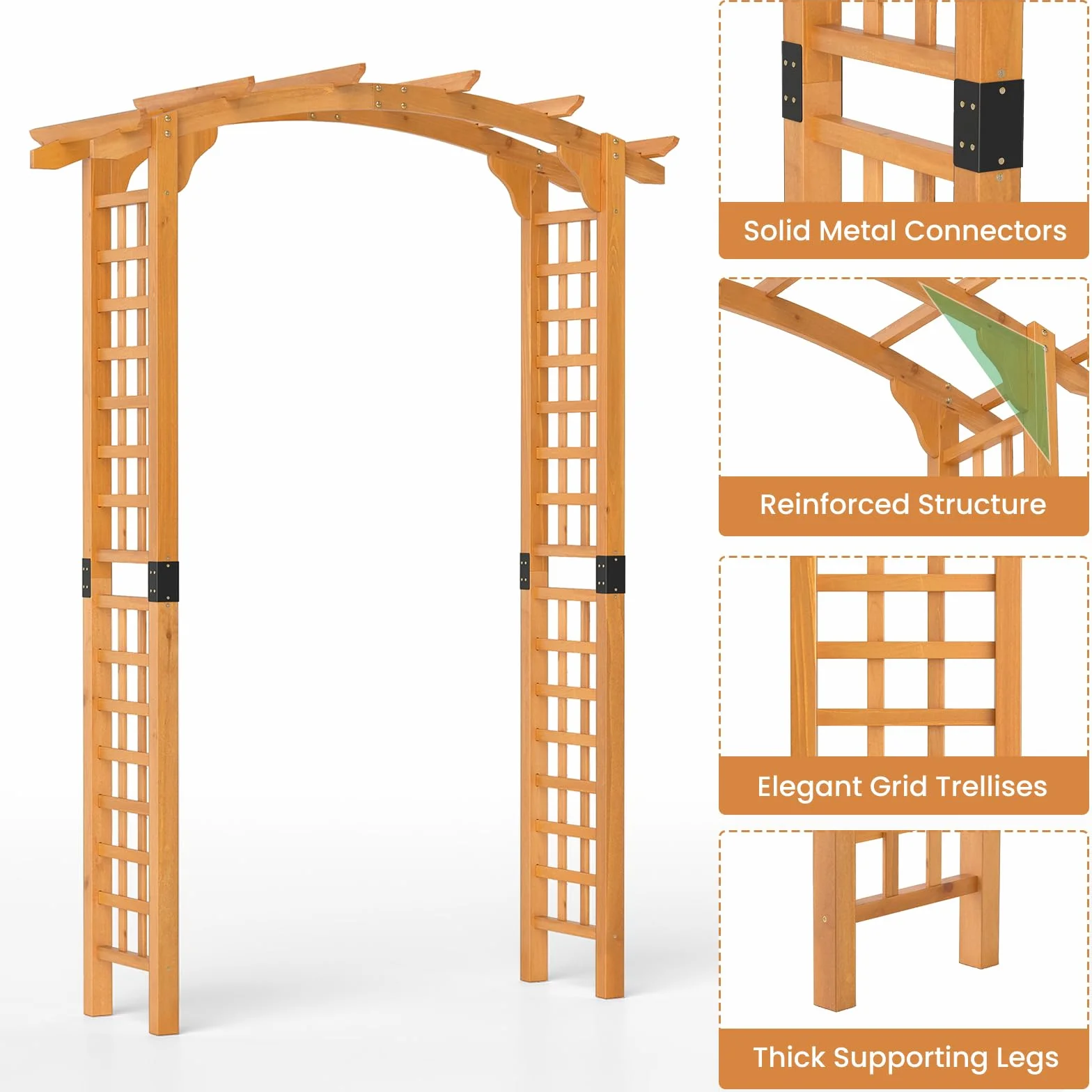 HOMASIS Arco de jardín de madera para rosas y plantas trepadoras, soporte naranja 160x60x229 cm