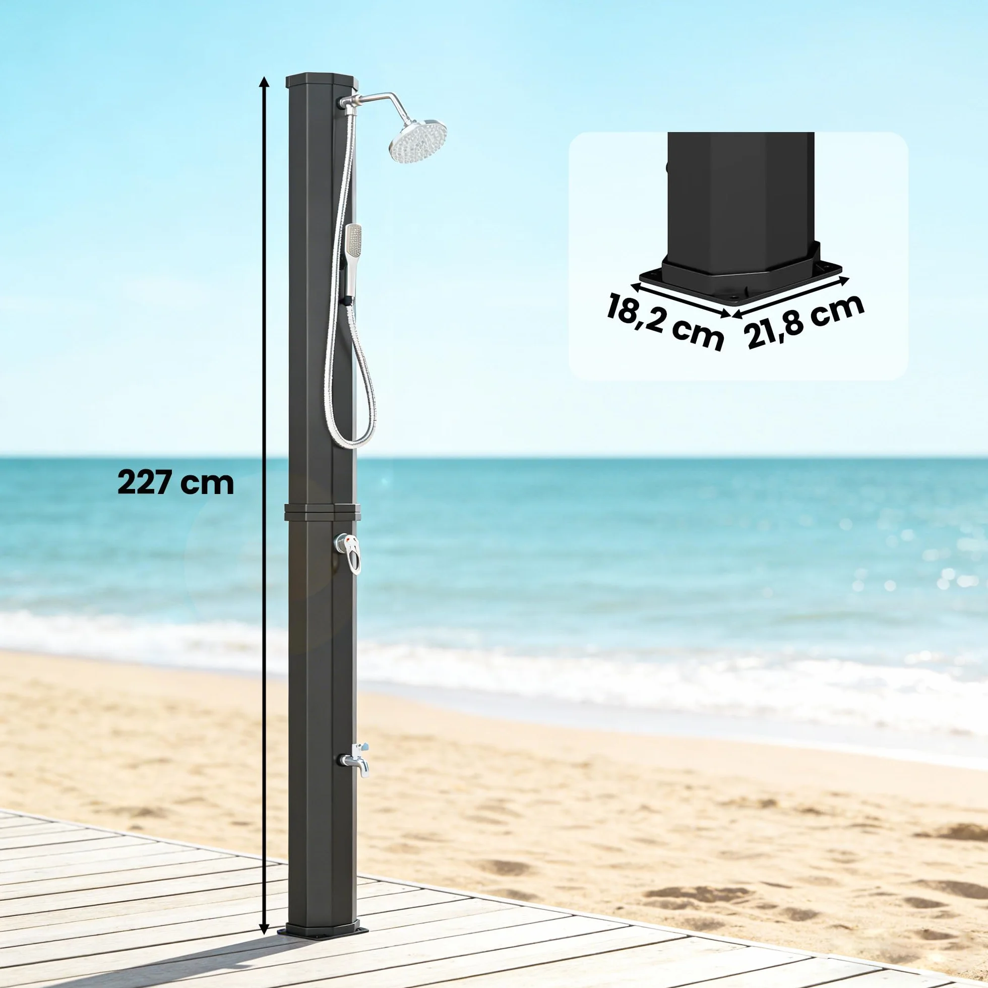 Outsunny Ducha Solar de Jardín 60 L Exterior Máx. 60 °C Agua Fría y Caliente 21,8x18,2x227 cm Negro