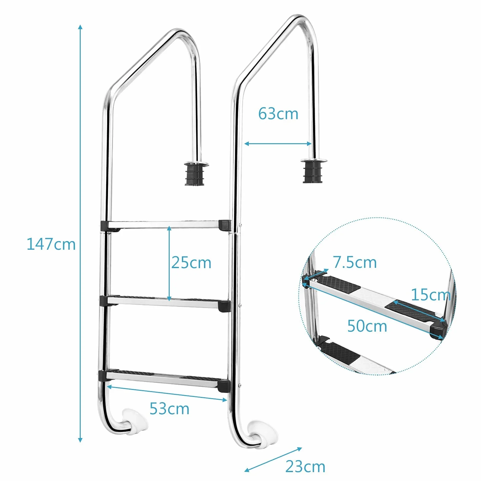 LIFEZEAL Escalera de Piscina 3 Peldaños Acero Inoxidable 304 Forma U Antideslizante Pasamanos Curvo