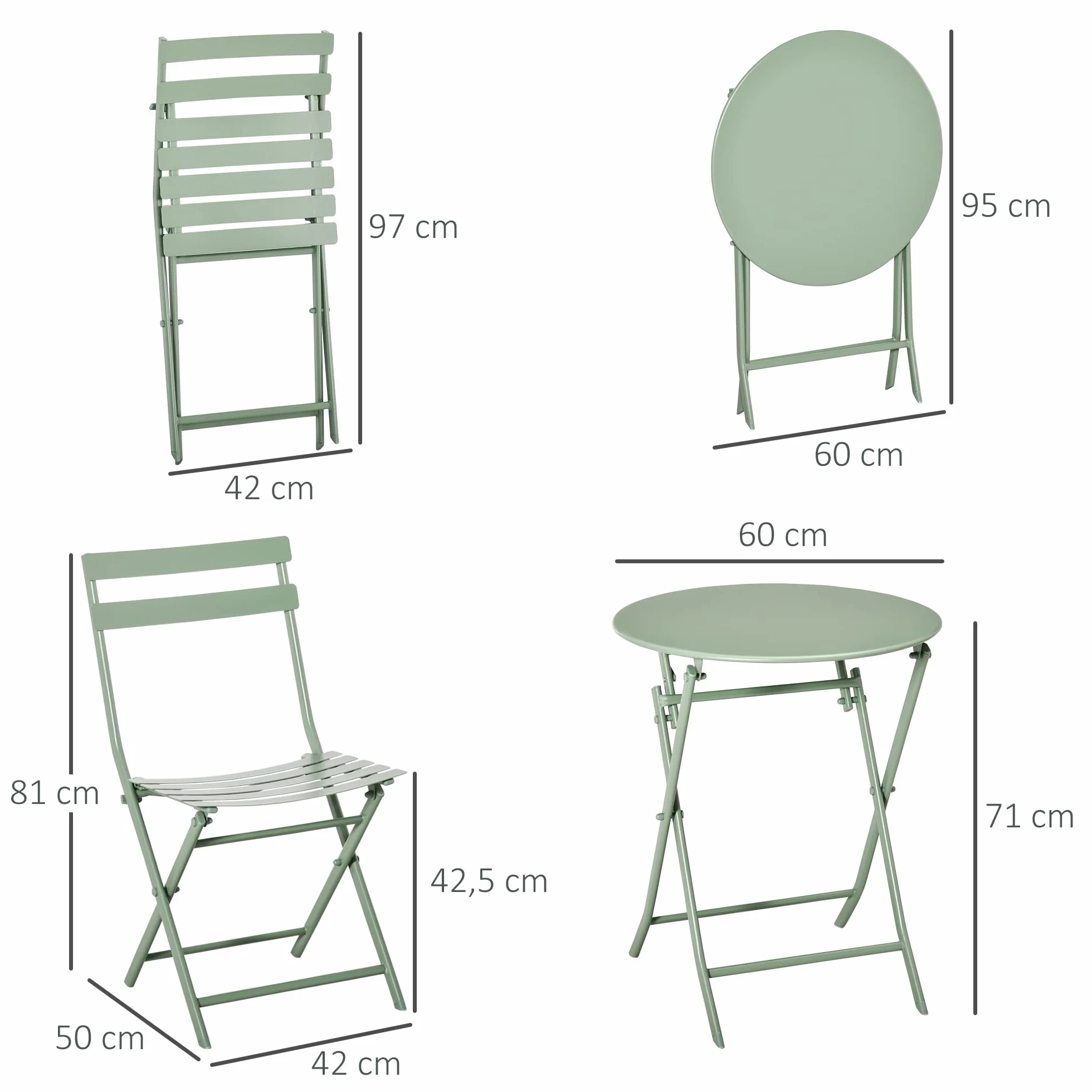 Outsunny Conjunto de Muebles de Jardín Plegable 1 Mesa Redonda y 2 Sillas con Marco de Acero Verde Oscuro