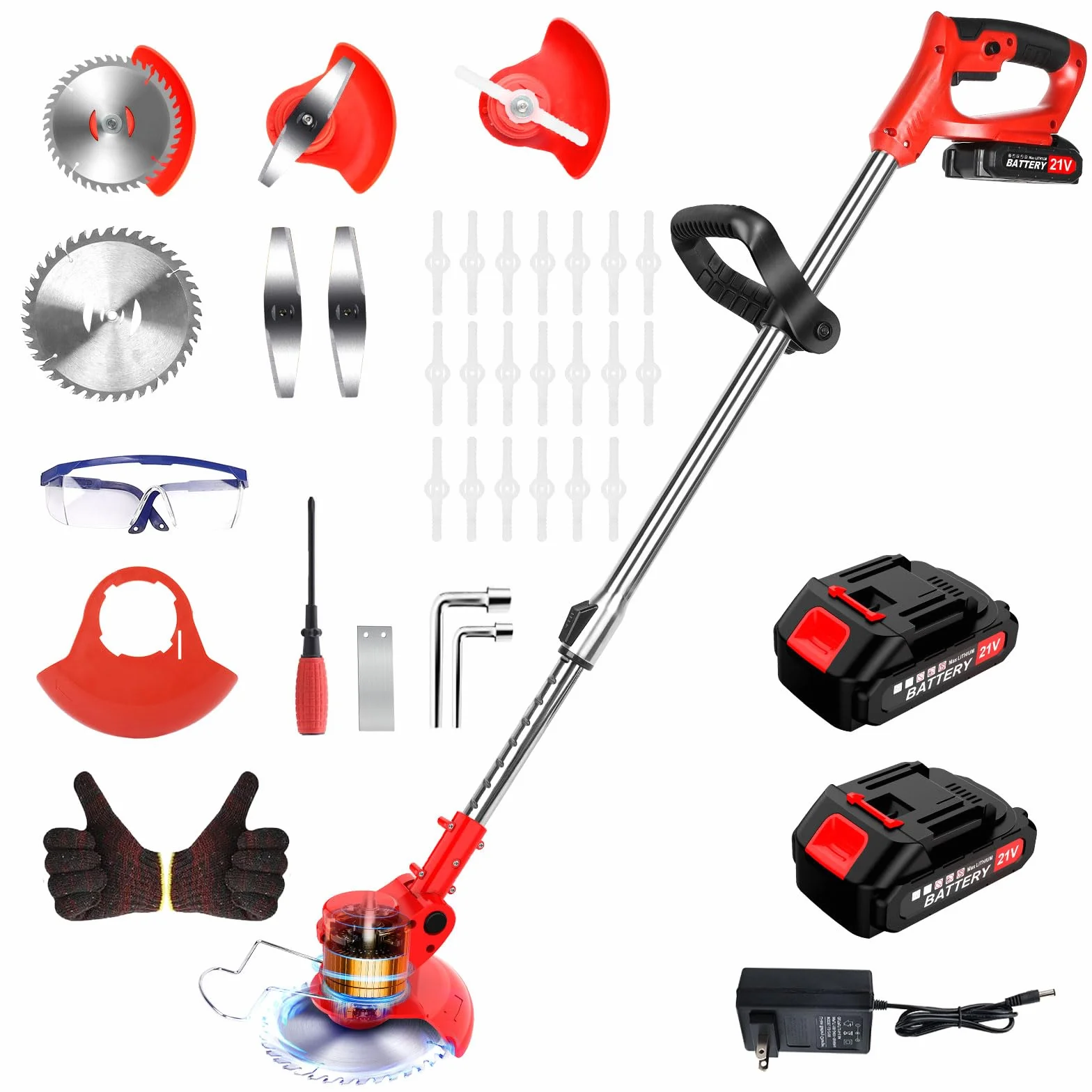 Lacoco - Desbrozadora eléctrica inalámbrica, corte con batería, cortadora de césped, potente mango telescópico, 3 tipos de cuchillas, cabeza giratoria de 90 grados, con 2 pilas para jardín corto
