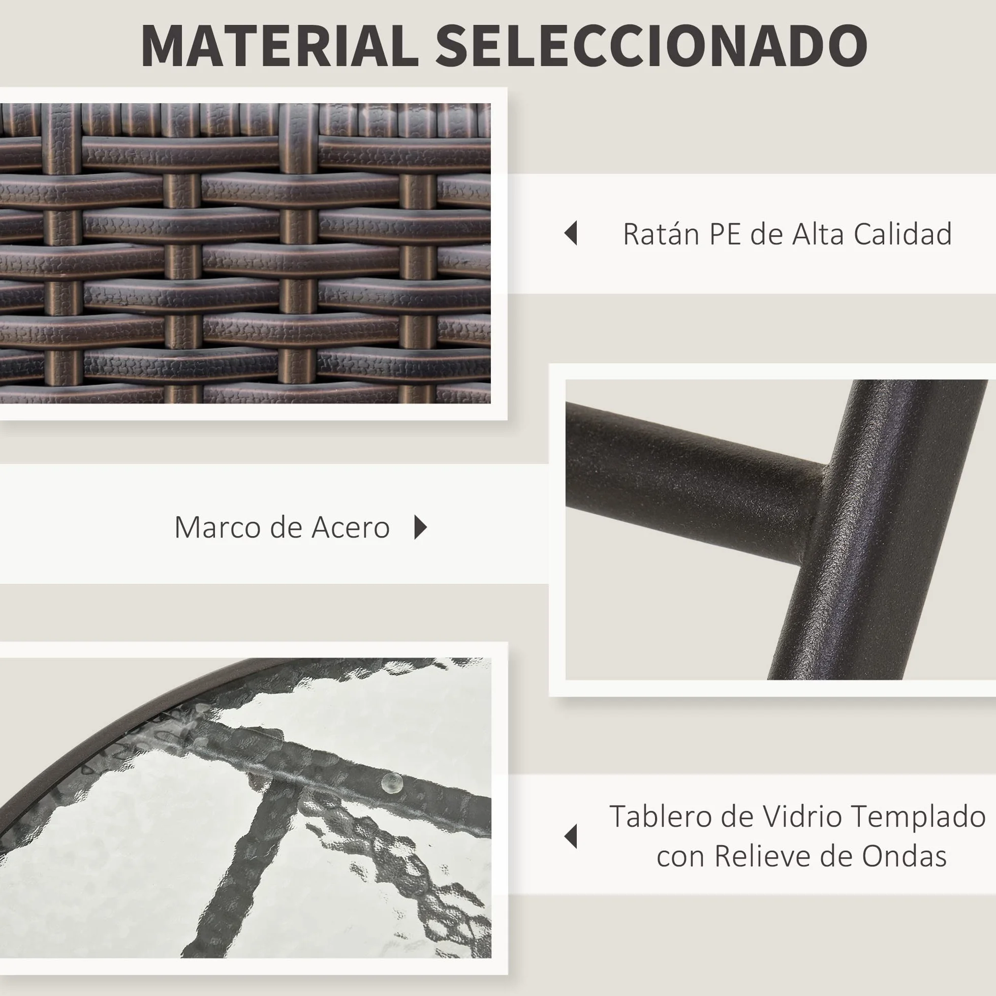 Outsunny Conjunto de Muebles de Jardín Mesa y 2 Sillas Ratán Sintético Plegables con Mesa de Vidrio Marrón