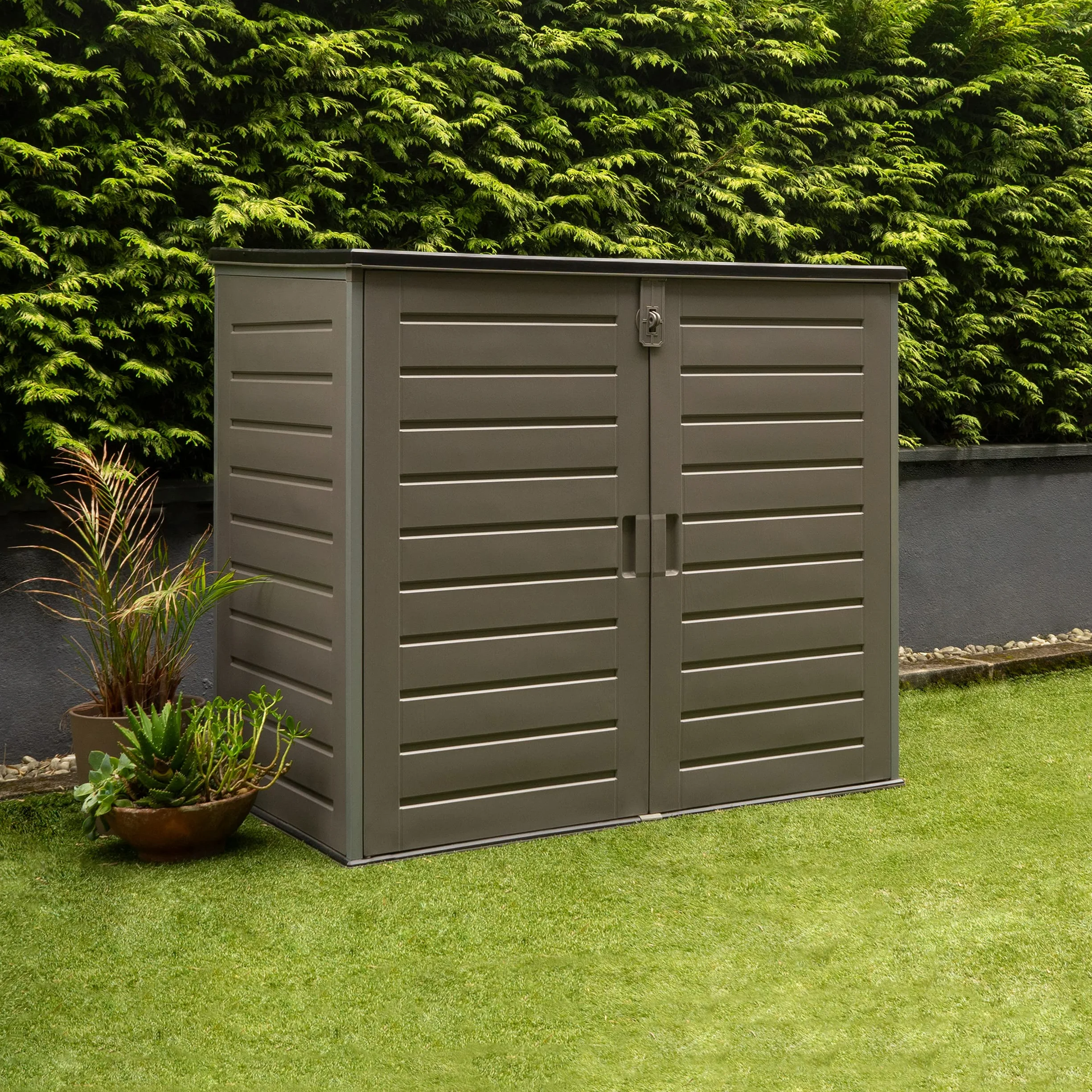 Wasabi Armario Exterior Resina 1170L 140x82x124cm Suelo Incluido Puerta Doble Tapa Abatible Cobertizo Jardín