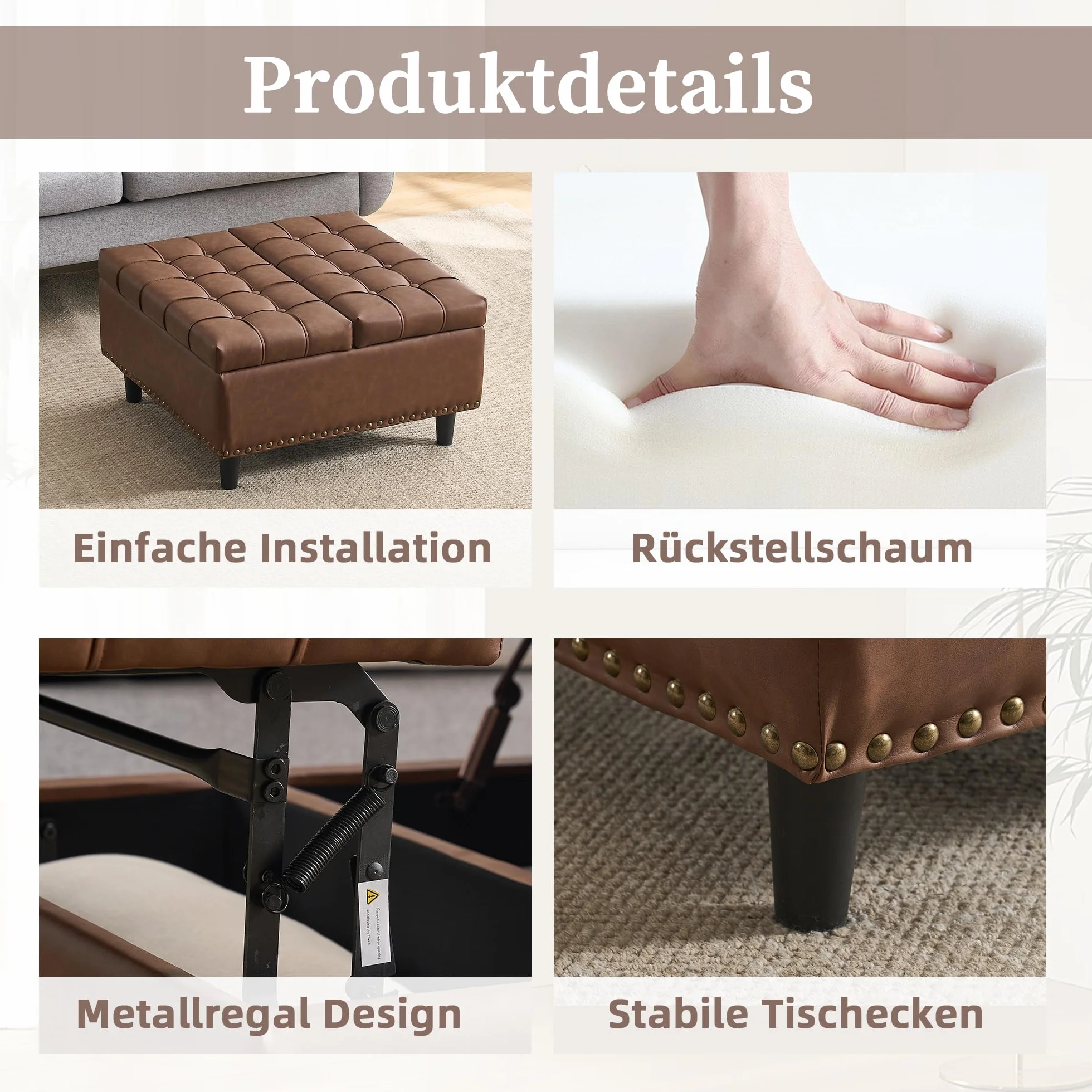Silla de almacenamiento grande cuadrada banco elevable caja acolchada marrón PU