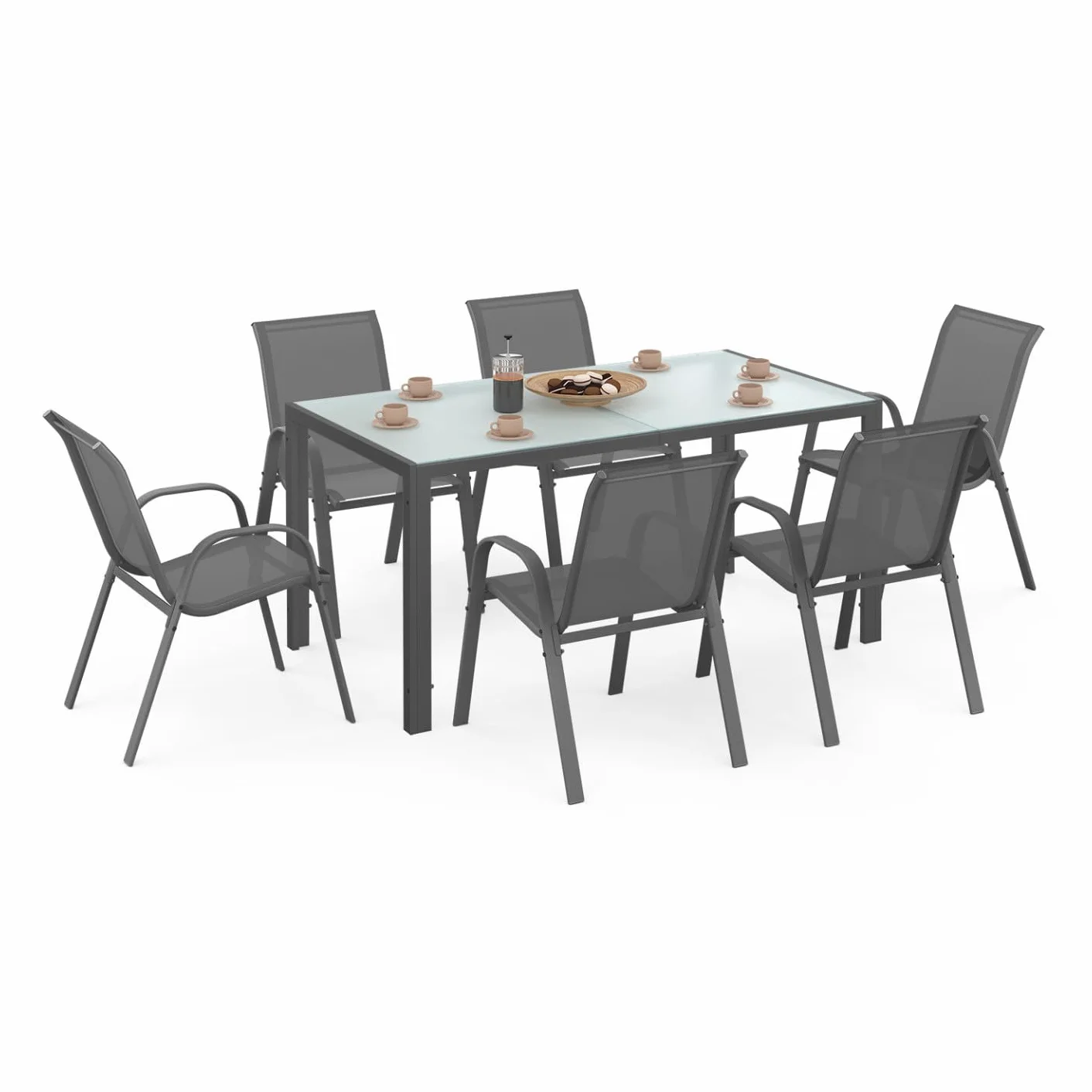 Salón de jardín Madrid Mesa 150 cm 6 sillas apilables Gris Antracita