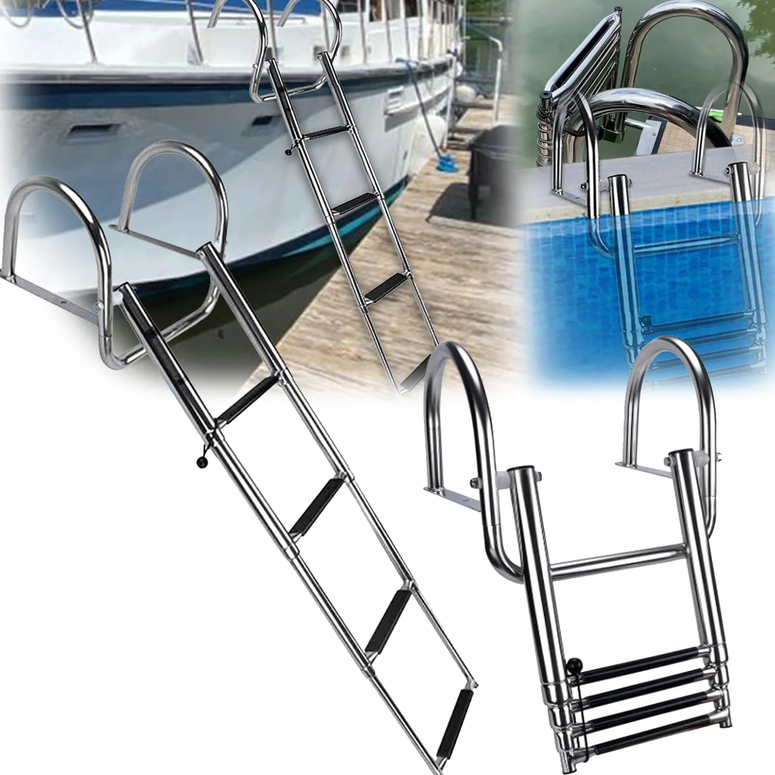 Escalera Baño 4 Escalones Acero Inoxidable Telescópica Plegable con Asas y Pedal Ancho para Piscina Barco