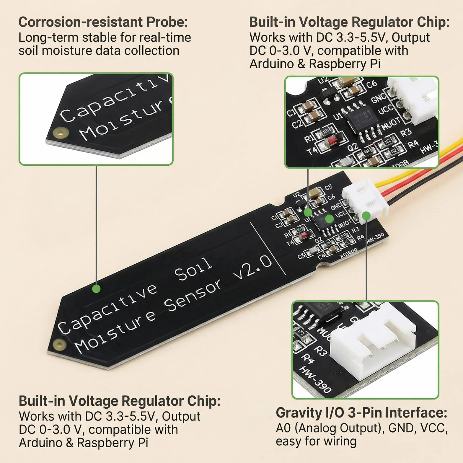 Sensor de Humedad del Suelo Módulo Capacitivo Higrómetro Analógico Compatible con Arduino (6 Unidades)