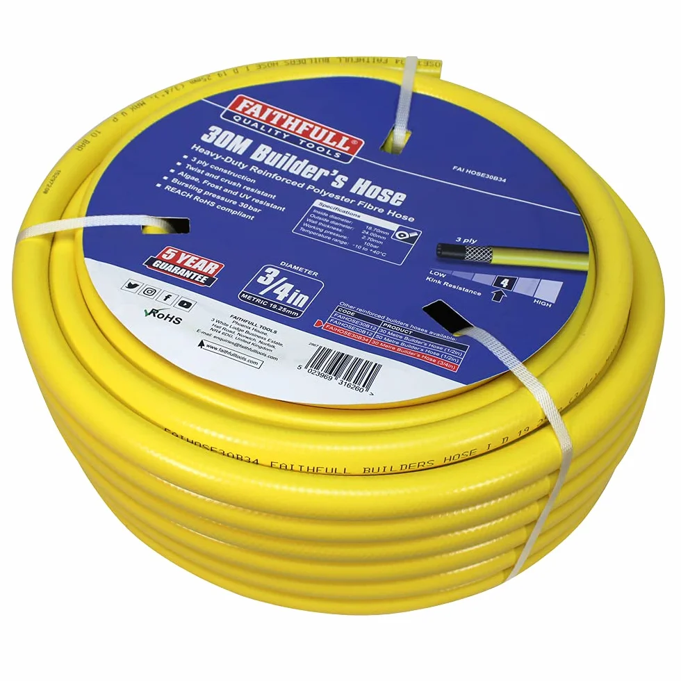 Faithfull Heavy-Duty Reinforced PVC Builders Hose 30M 19 mm (3/4 Inch) Diameter, yellow