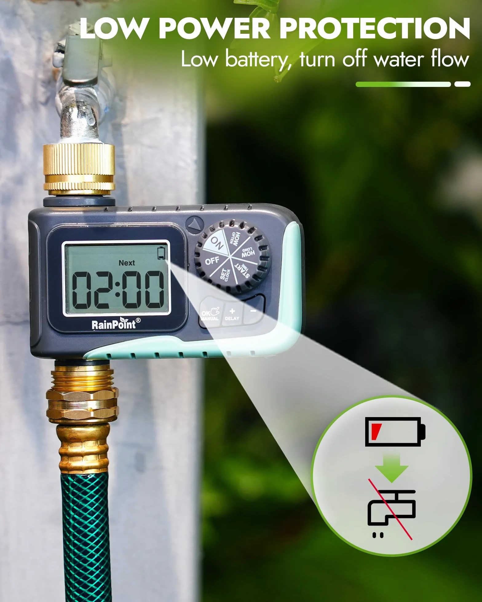 RAINPOINT Temporizador de aspersor con entrada y salida de latón, temporizador de manguera programable para manguera de jardín, temporizador de agua con retardo de lluvia/sistema de riego manual