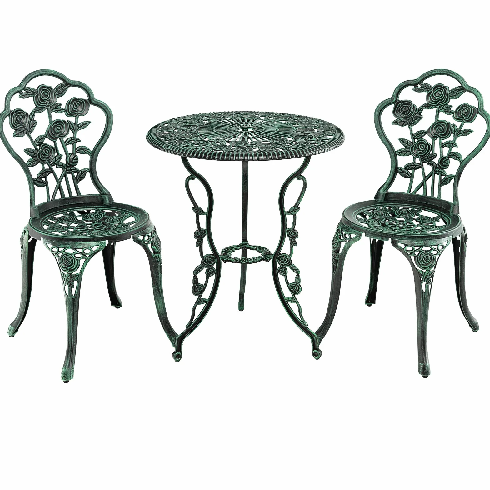 KOMFOTTEU Juego de Muebles de Jardín 3 Piezas, Mesa y 2 Sillas de Aluminio Fundido, Conjunto Bistró con Agujero Sombrilla, Diseño Rosas, Verde Bronce