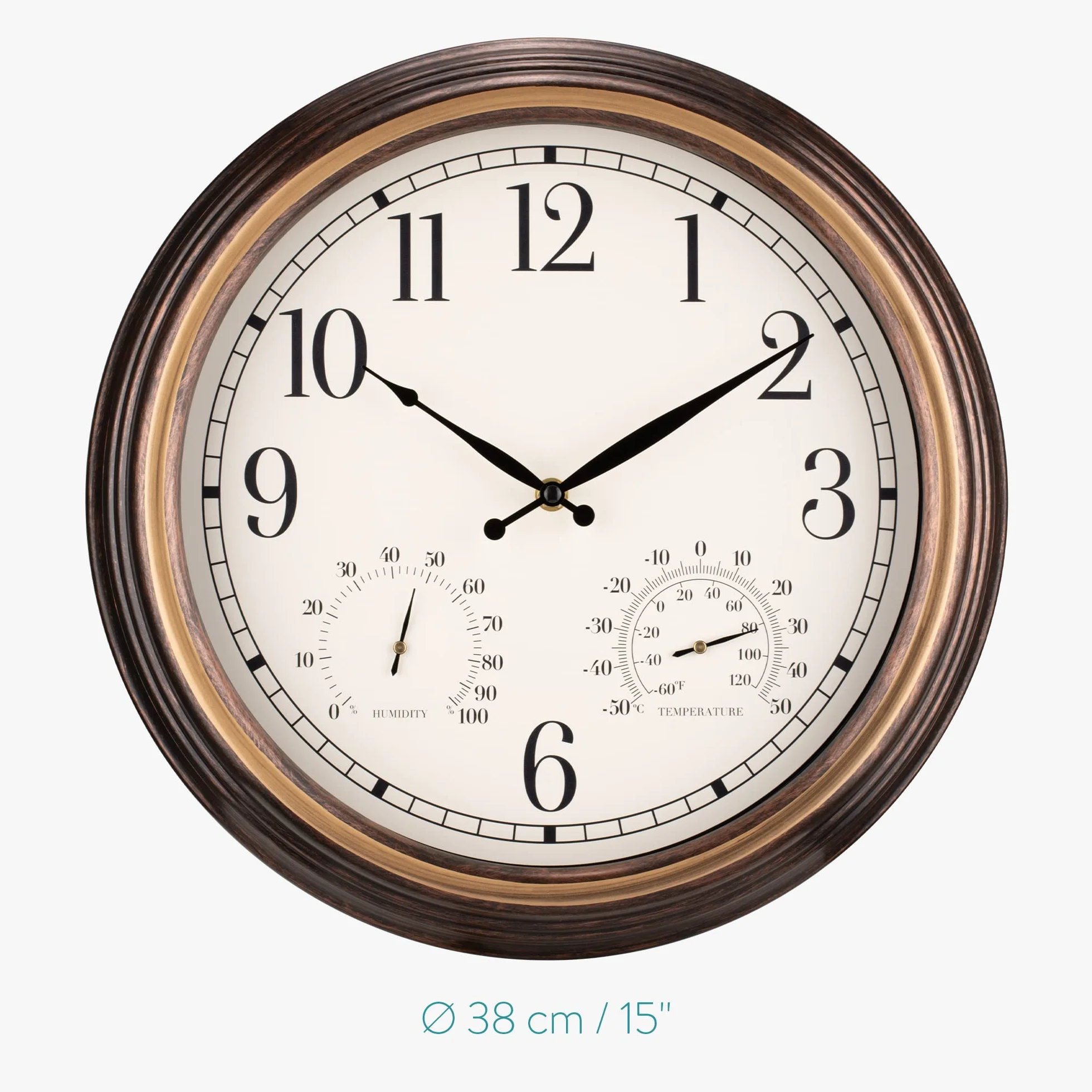 Navaris Reloj de Pared Vintage Redondo 38,1 cm Impermeable Exteriores Silencioso Termómetro Humedad Marrón