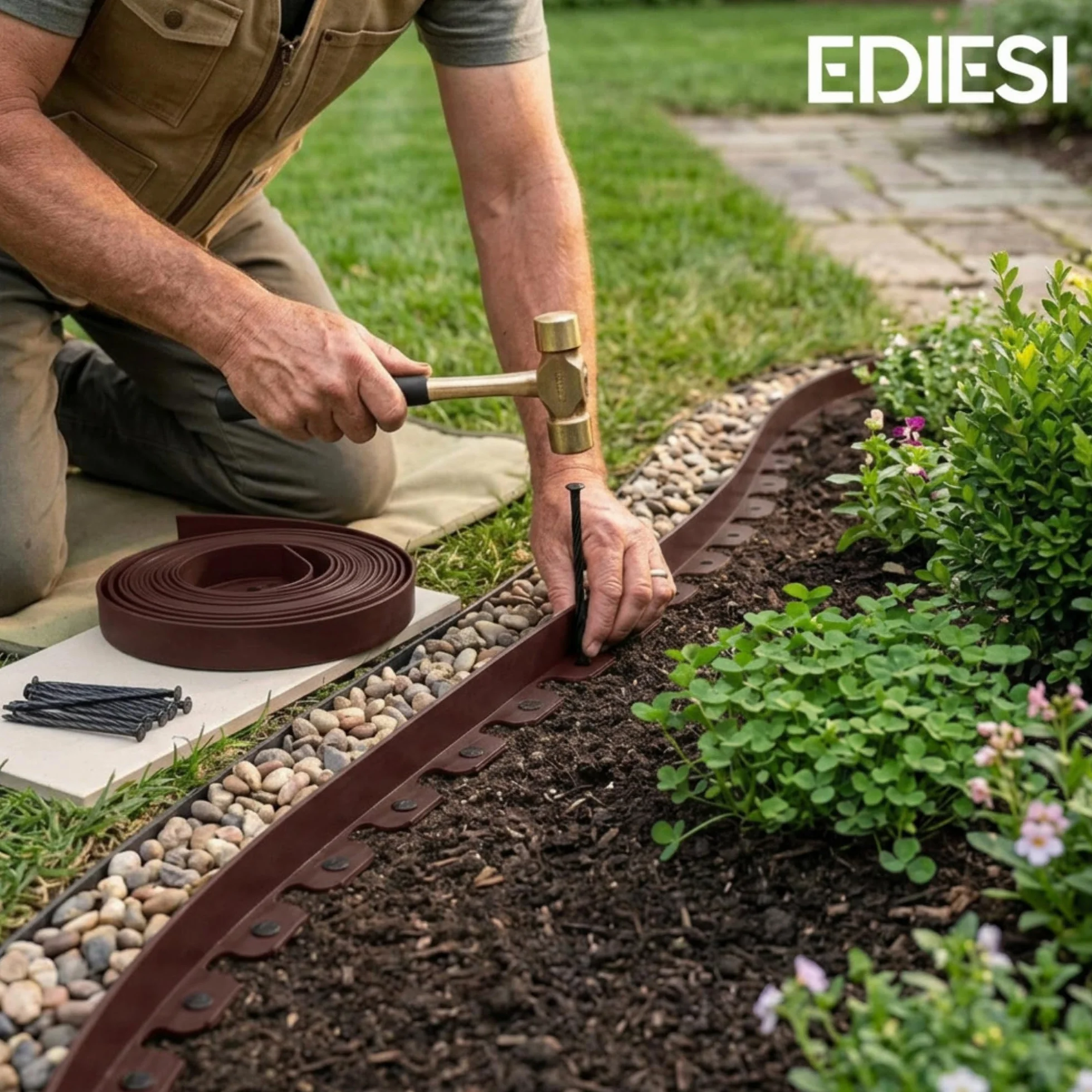 Bordura Jardín Exterior 10 m Flexible Borde Plástico Resistente 5 mm con 30 Piquetas Marrón