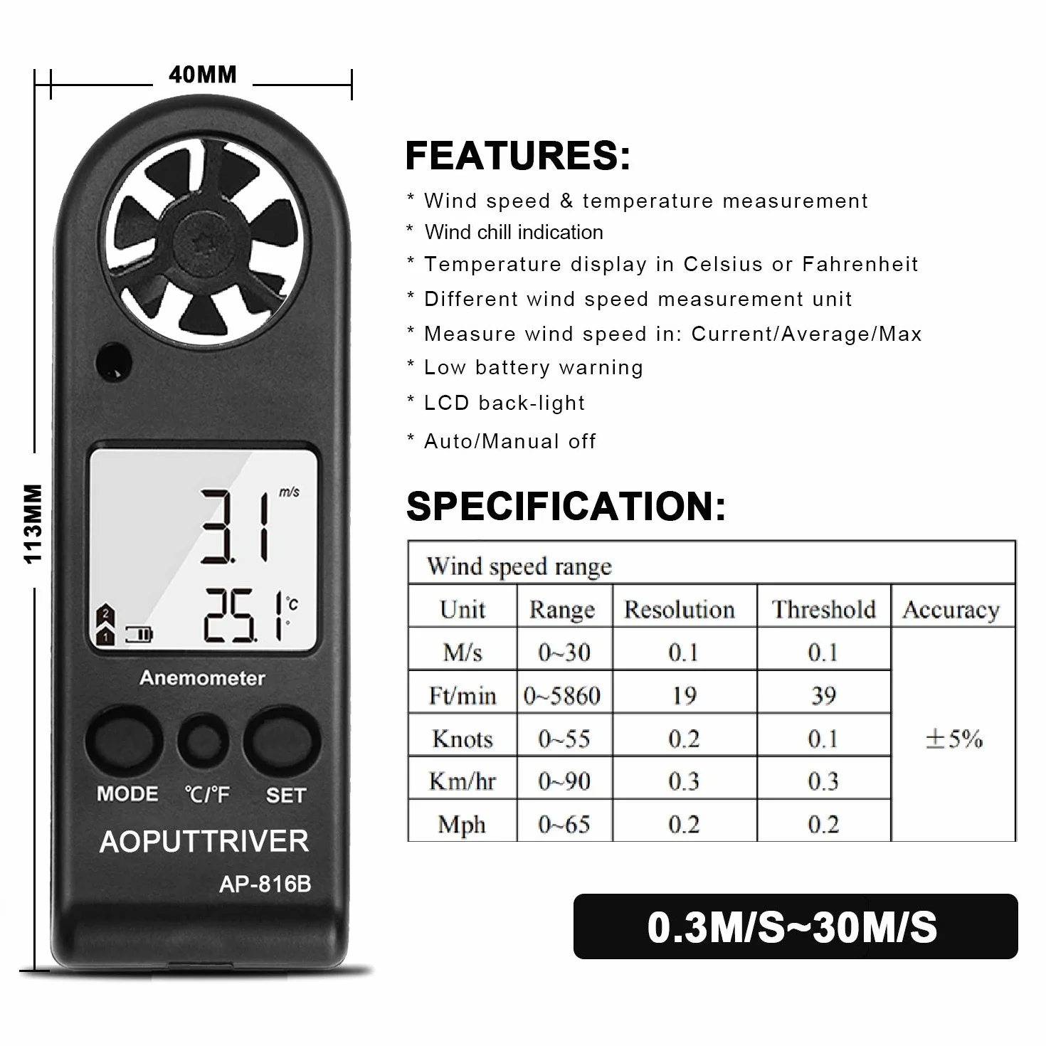 Anemometro Digital AP-816B Medidor de Velocidad Viento LCD con Luz de Fondo