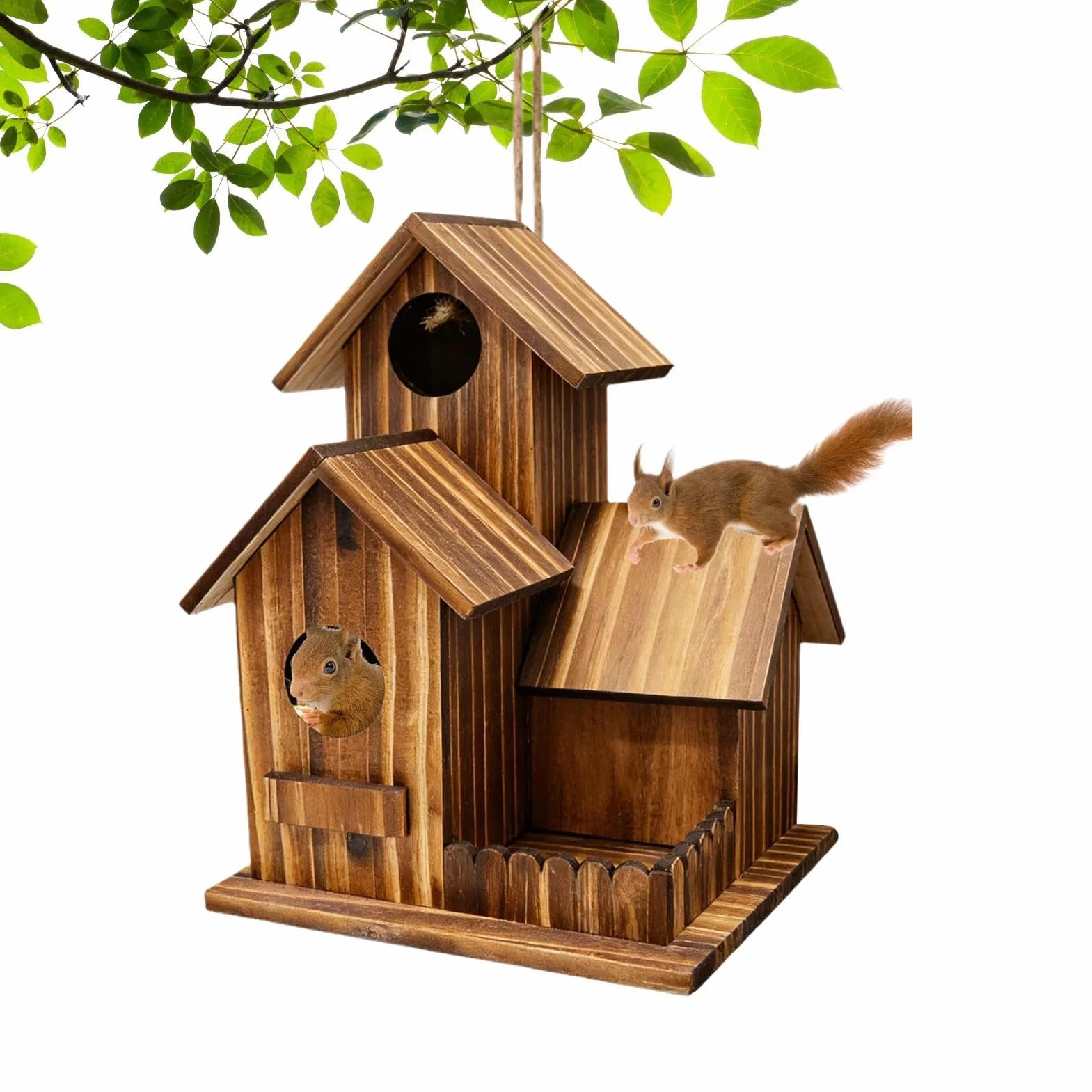 Casa para Ardillas Exterior Madera con Diseño Compartimentos Techo Flexible Alimentador Árbol Jardín