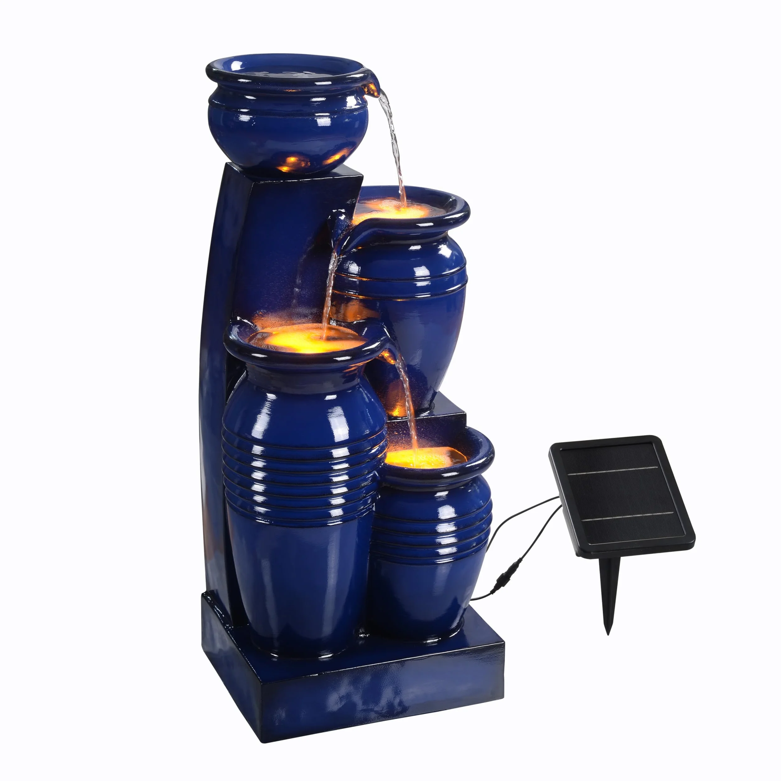 Fuente de Agua Solar en Cascada de 4 Niveles, Luces LED, 28.74", Azul Marino. Ideal para Jardines, Patios, Balcones. Marca Teamson Home.