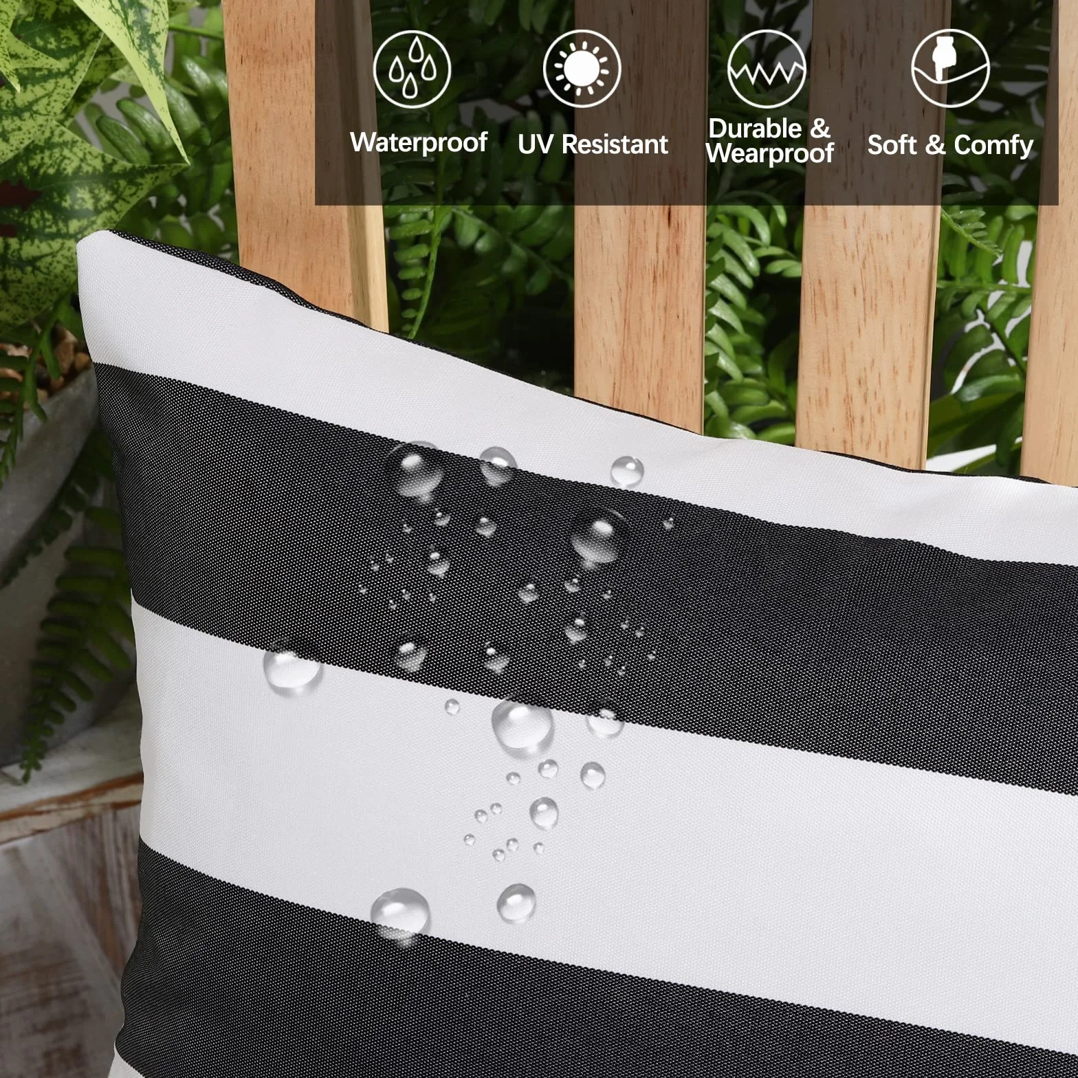 Funda de Almohada Impermeable Exterior 30x50cm, 2PCS Cojín Rectangular a Rayas, Negro Gris & Blanco