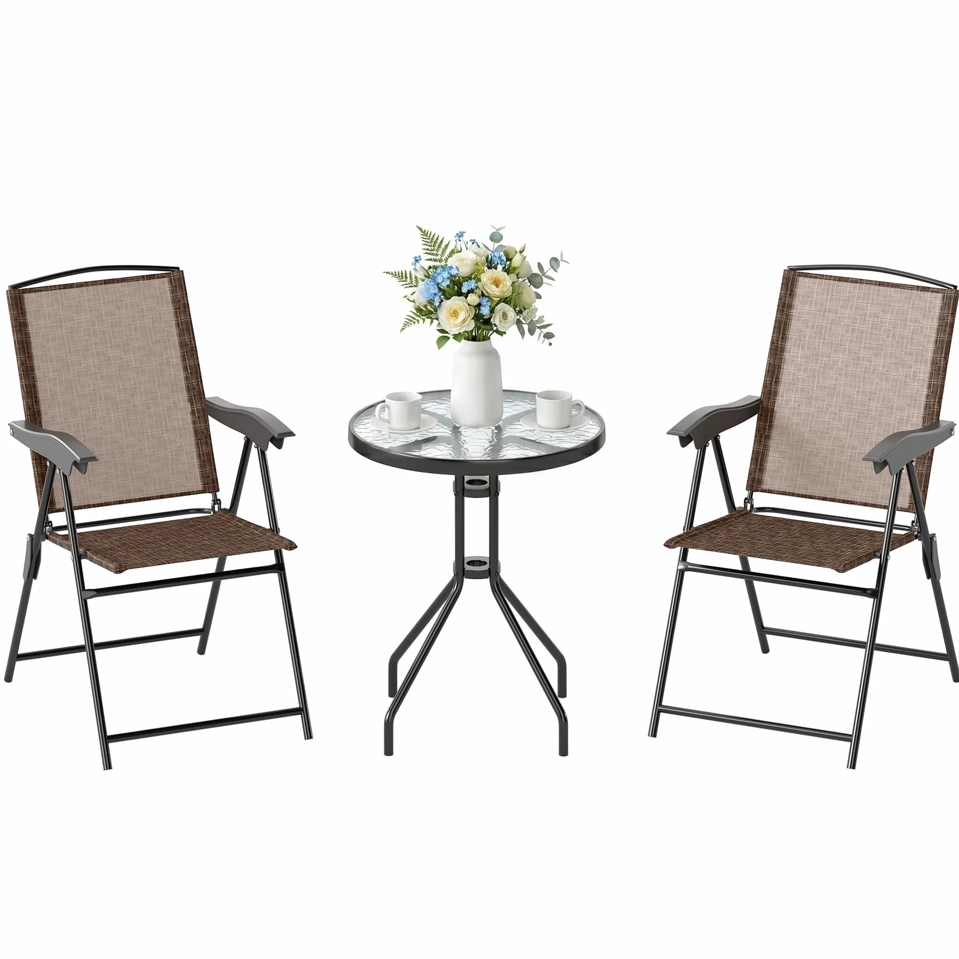 Outsunny Conjunto Mesa y 2 Sillas Jardín Exterior Plegable Respaldo Reclinable 4 Niveles Texteline Acero Marrón