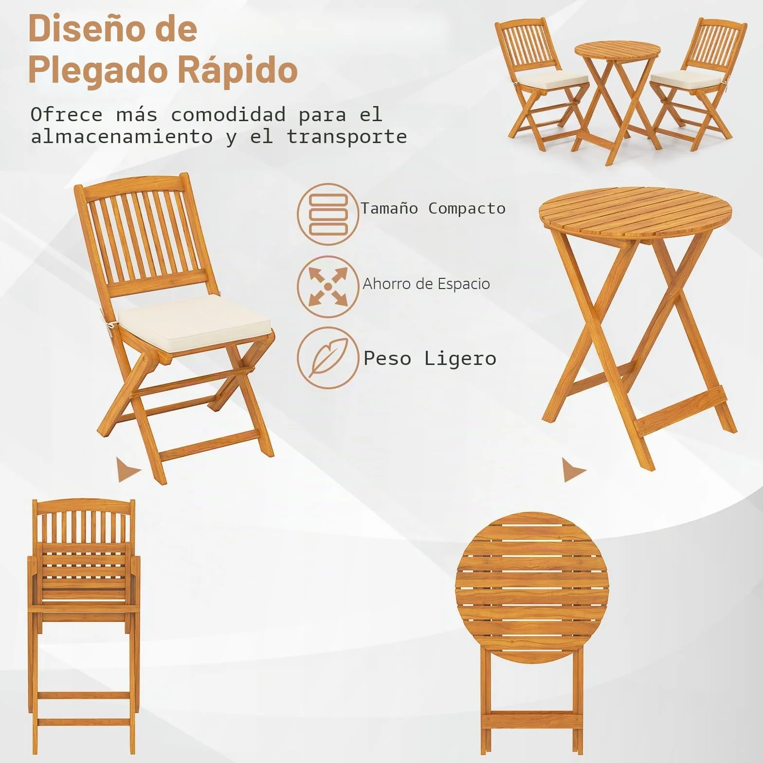 GOPLUS Juego de Mesa y Sillas para Jardín 3 Piezas, Mesa Redonda y 2 Sillas Plegables con Cojines, Madera de Acacia, Beige