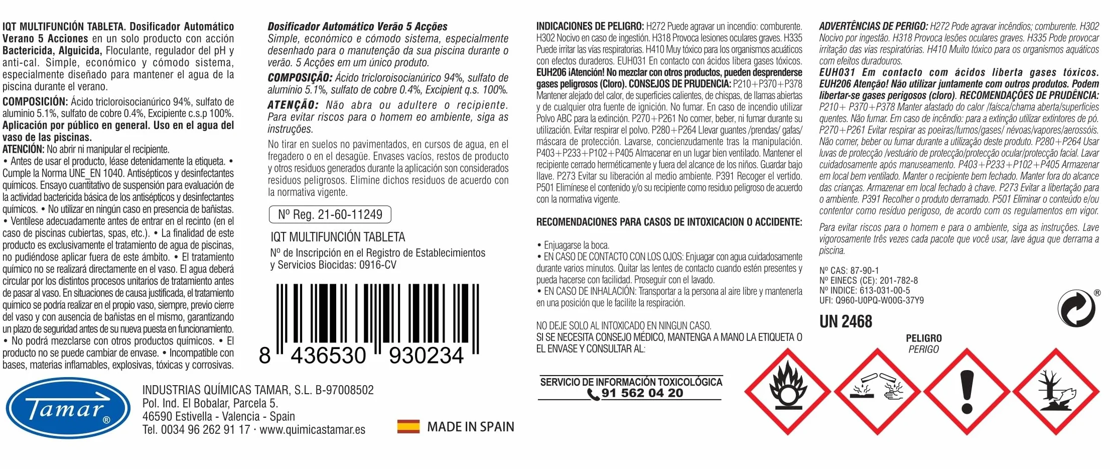 Tamar Dosificador Cloro en Pastillas, Dispensador Automatico Tabletas de Verano, Tratamiento Piscina, disolucion Lenta, biocida Especial multiaccion, 2 Kilos