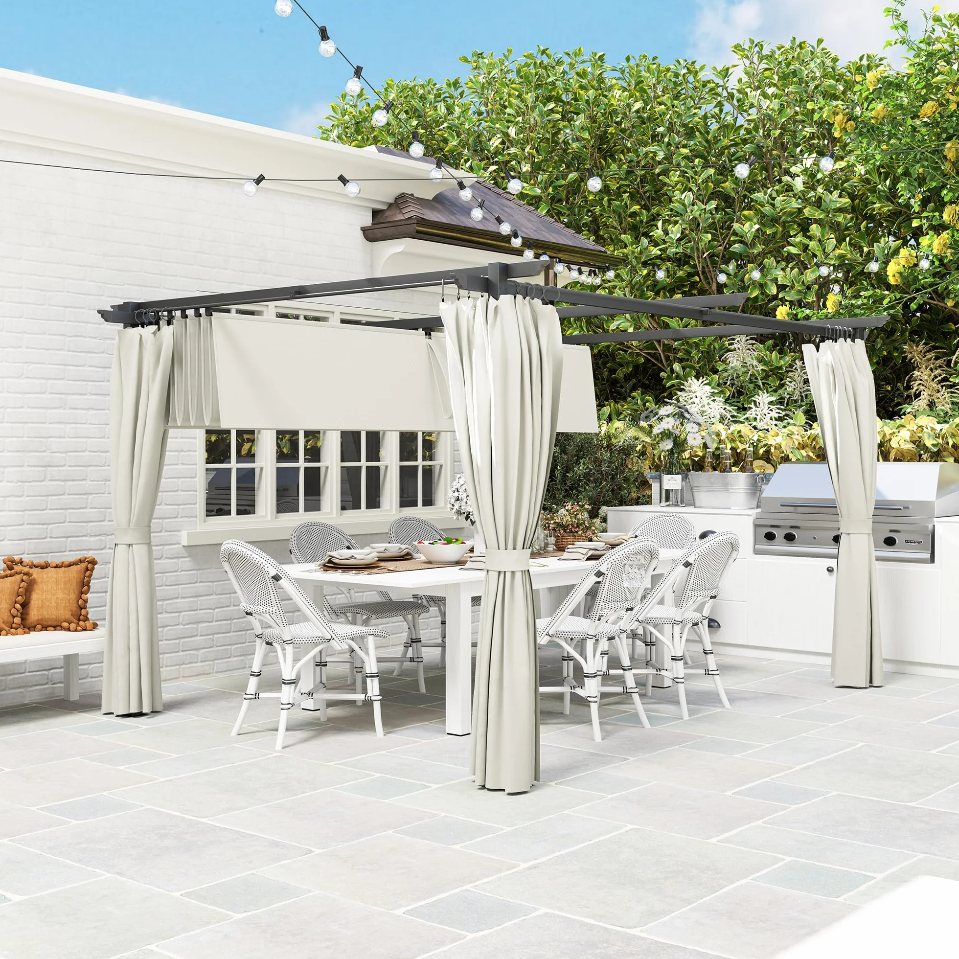 Outsunny Pérgola de Aluminio 4x3 m con Techo Retráctil y Paredes Laterales Anti-UV Resistente al Agua para Jardín