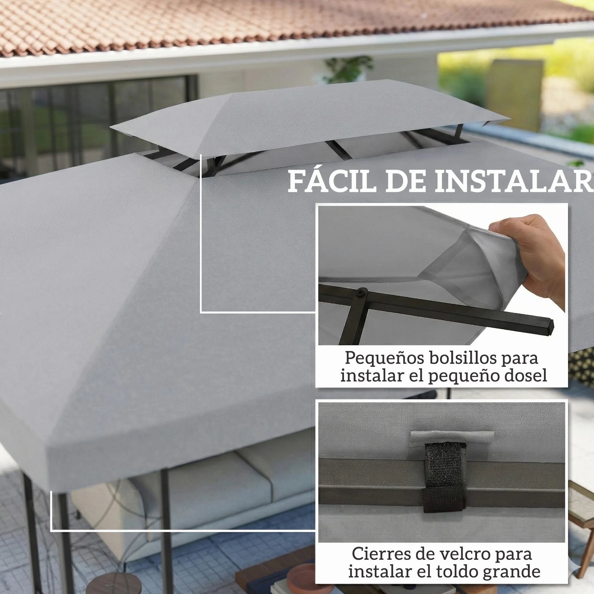 Outsunny Techo de Repuesto para Cenador, 4x3 m, Cubierta de Repuesto con Techo Doble, 10 Orificios de Drenaje y Protección UV, Solo Toldo de Recambio para Pabellón Gazebo, Gris Claro