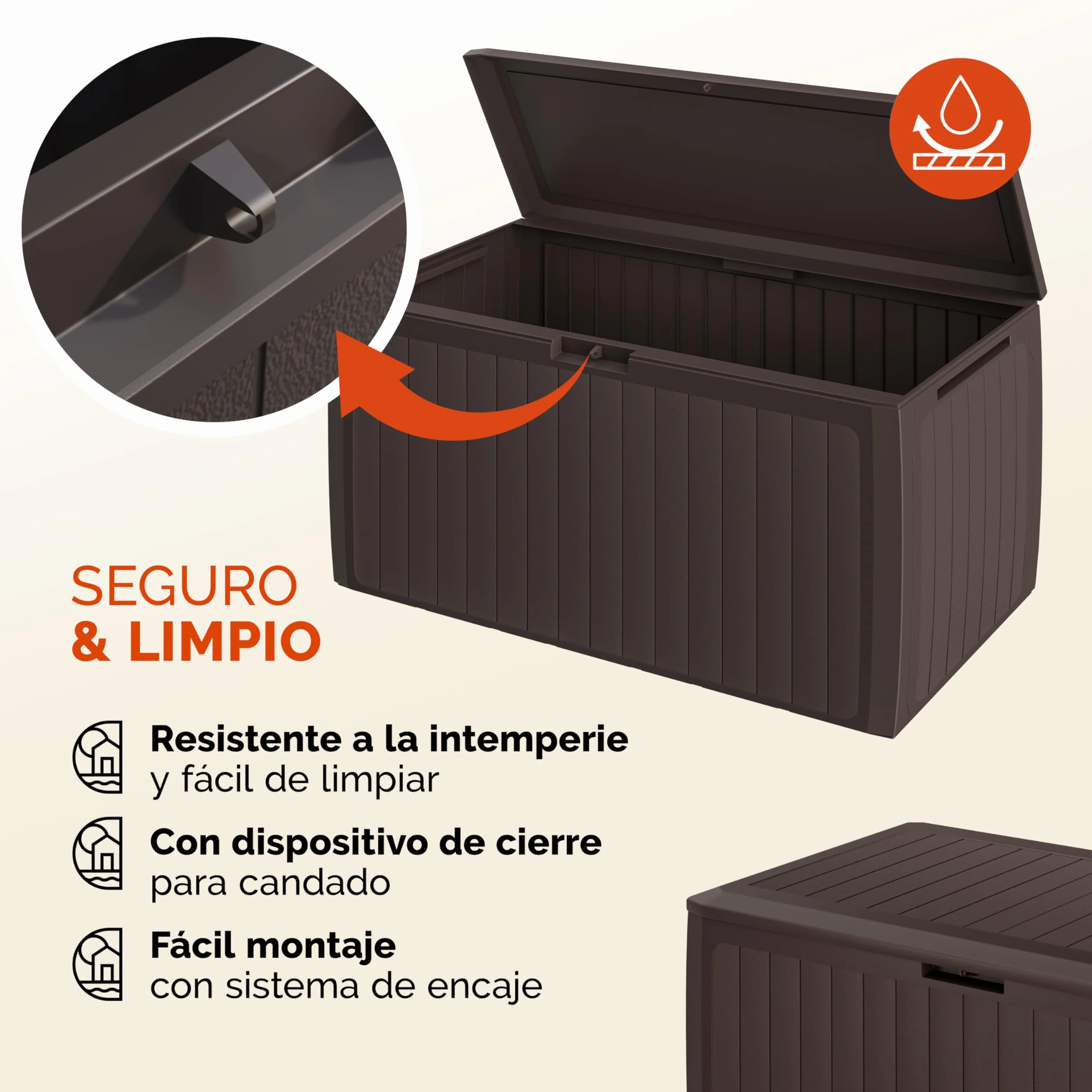 CASARIA Arcón Jardín Exterior Baúl Almacenaje 290L 6 Ruedas Asas Resistente Intemperie Rayos UV 117x47x60cm Marrón